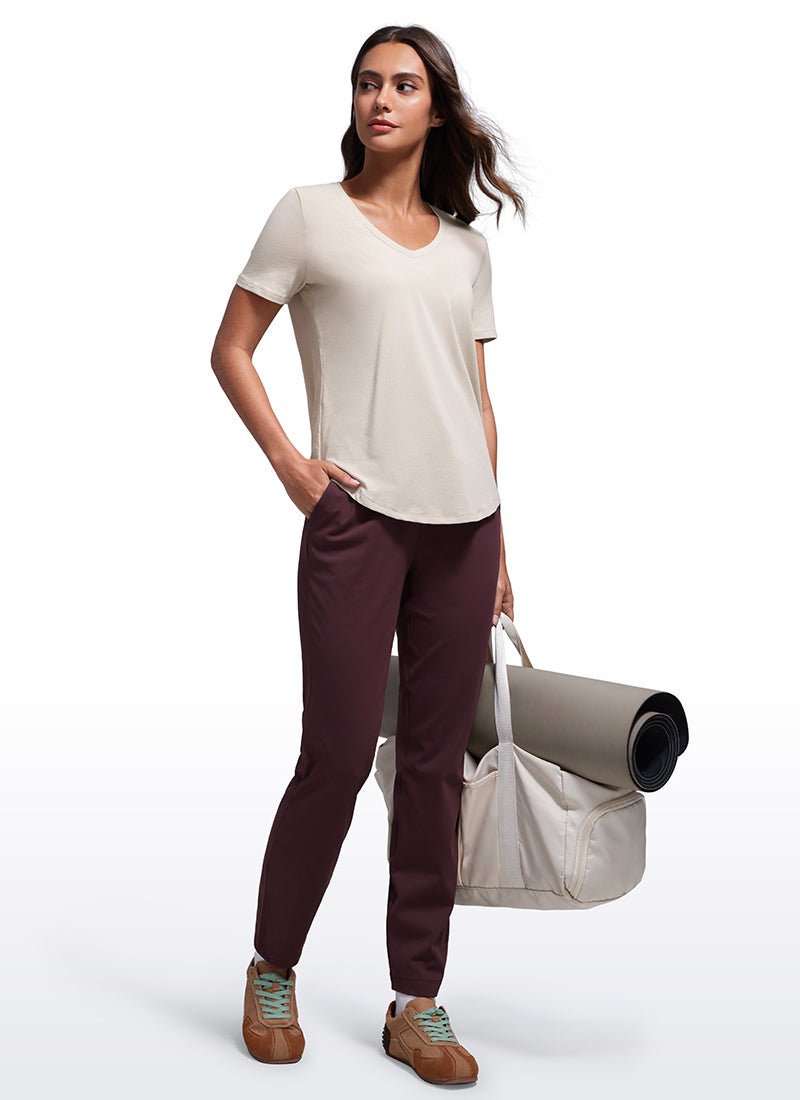 CRZ YOGA Women's Yoga Relaxed Fit Pima Cotton Short Sleeves V Neck Mojave Tan