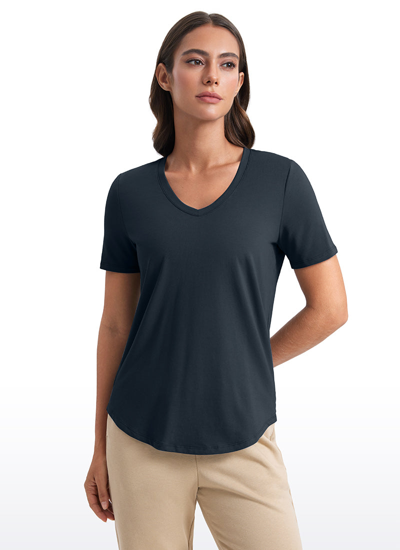 CRZ YOGA Women's Yoga Relaxed Fit Pima Cotton Short Sleeves V Neck True Navy