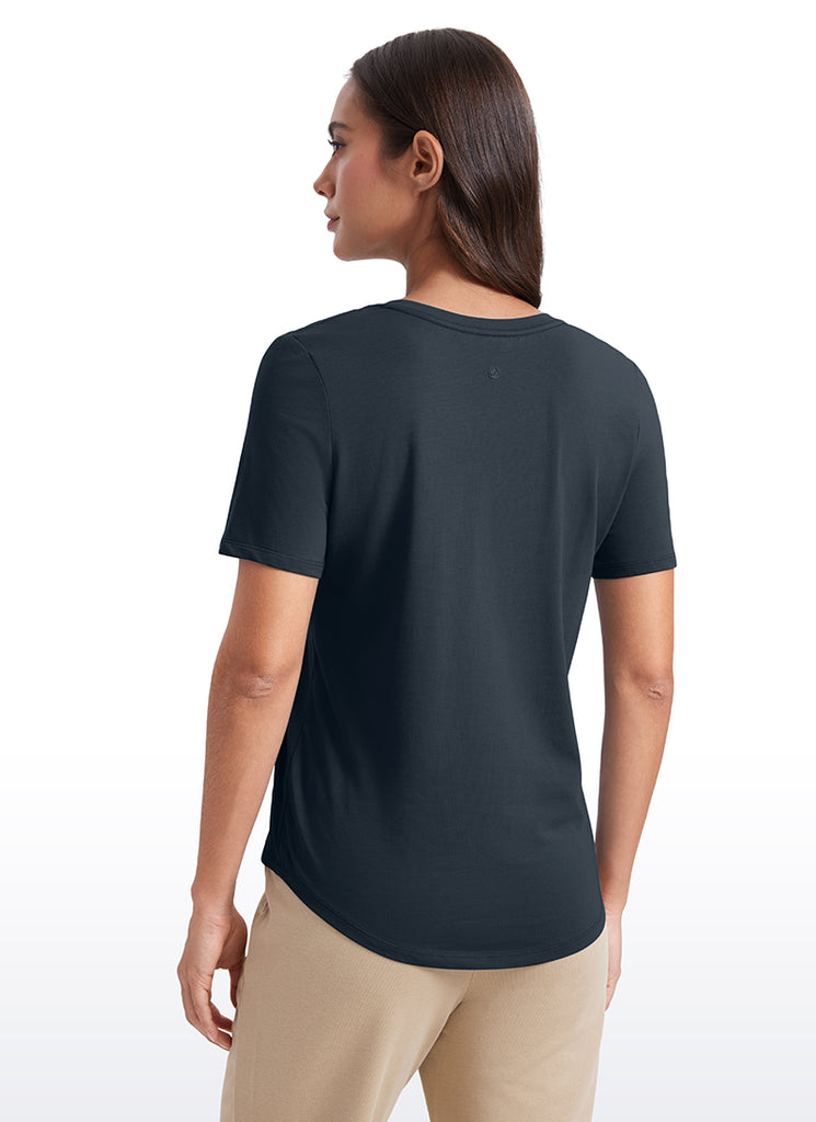 CRZ YOGA Women's Yoga Relaxed Fit Pima Cotton Short Sleeves V Neck White