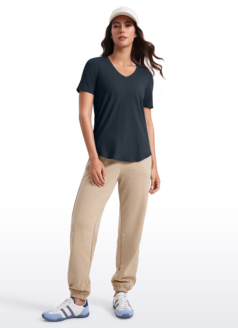 CRZ YOGA Women's Yoga Relaxed Fit Pima Cotton Short Sleeves V Neck True Navy