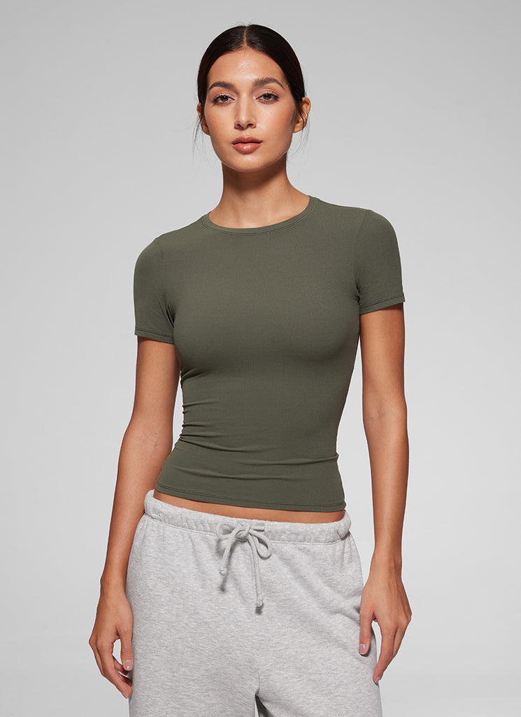 CRZ YOGA Women Going Out Tops Soft High Crew Neck Casual Tight Shirts Milky White