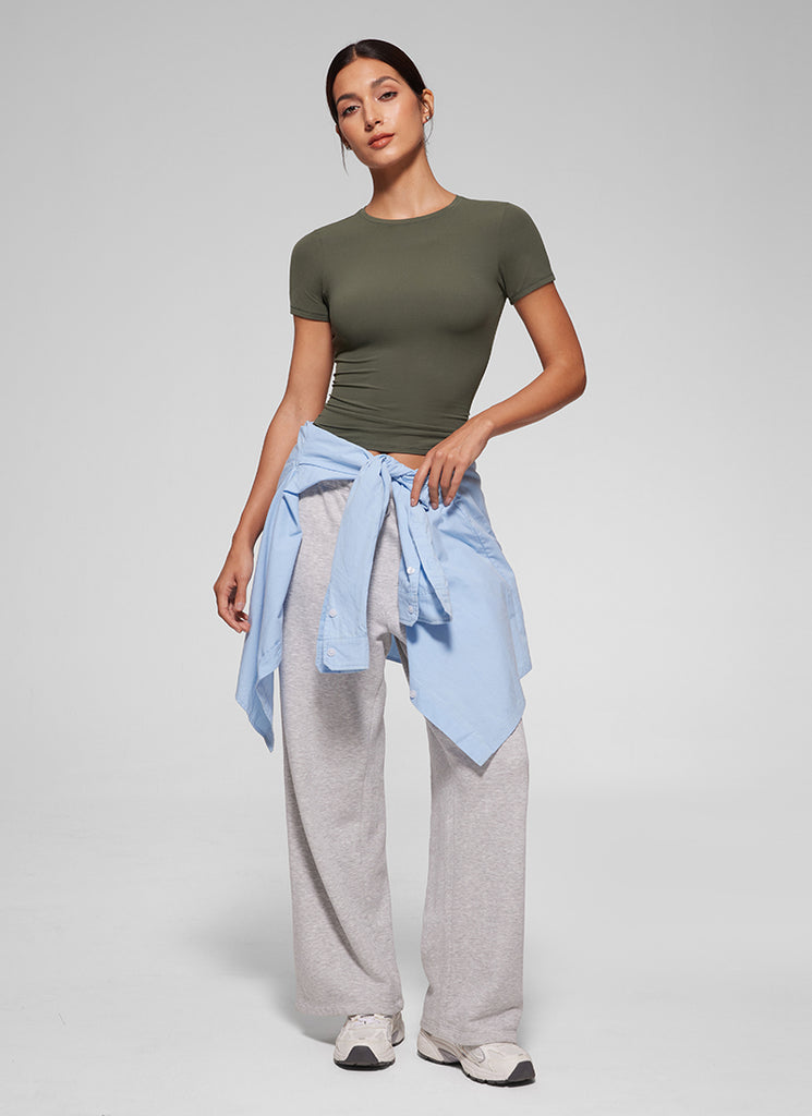 CRZ YOGA Women Going Out Tops Soft High Crew Neck Casual Tight Shirts Light Army Green