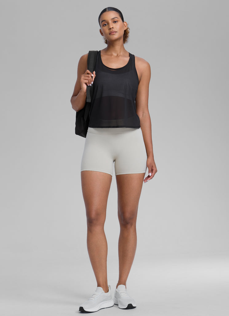 CRZ YOGA Women's Yoga Mesh Relaxed Fit Tops U Neck Tank Black