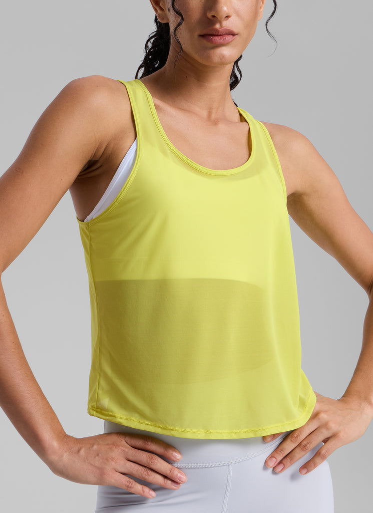 CRZ YOGA Women's Yoga Mesh Relaxed Fit Tops U Neck Tank Twilight Blue