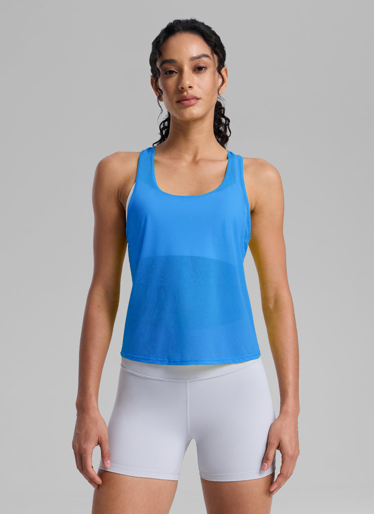 CRZ YOGA Women's Yoga Mesh Relaxed Fit Tops U Neck Tank Slate Blue