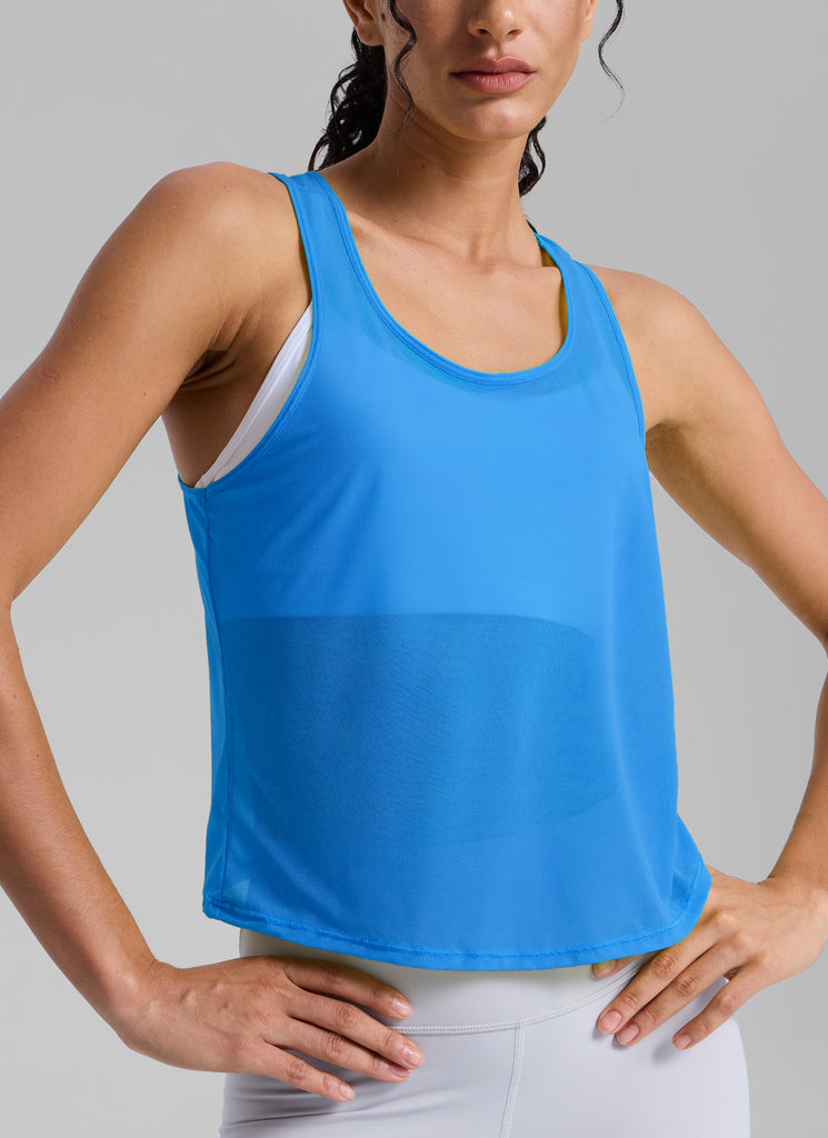 CRZ YOGA Women's Yoga Mesh Relaxed Fit Tops U Neck Tank Luminous Yellow