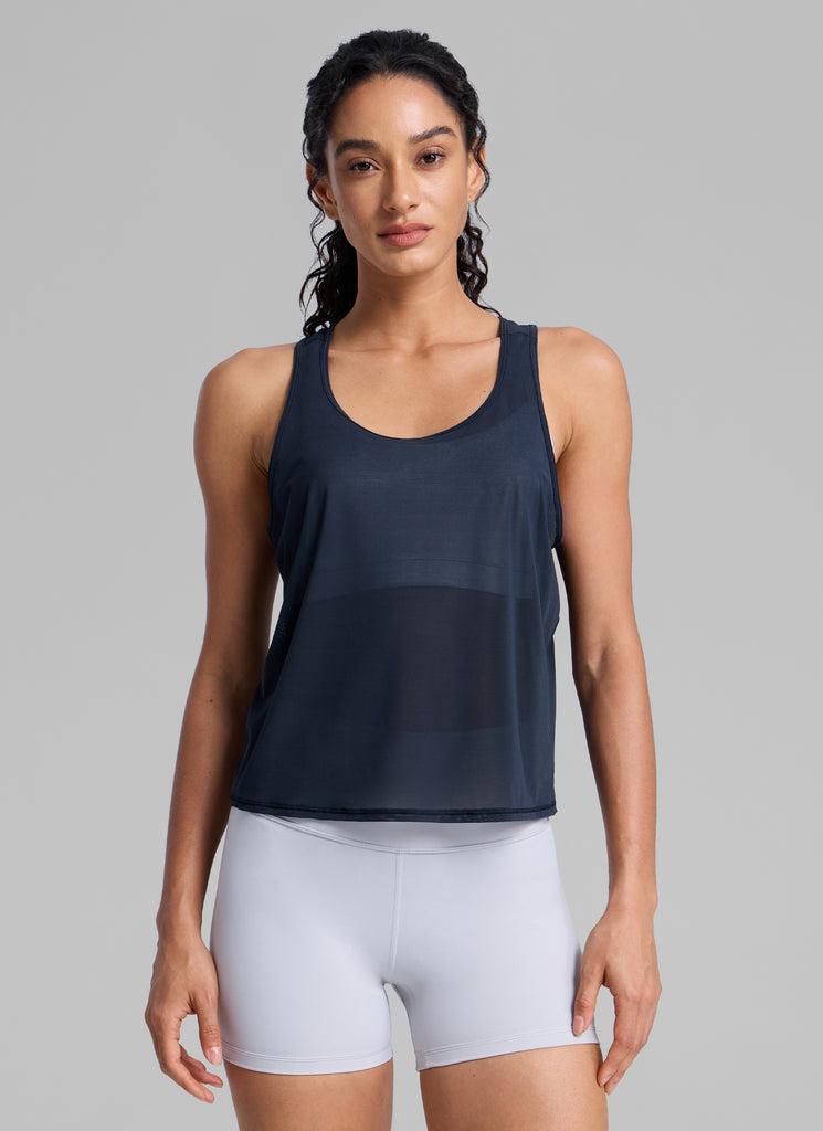 CRZ YOGA Women's Yoga Mesh Relaxed Fit Tops U Neck Tank White