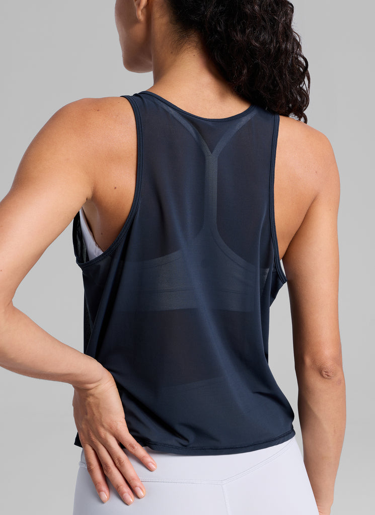 CRZ YOGA Women's Yoga Mesh Relaxed Fit Tops U Neck Tank White