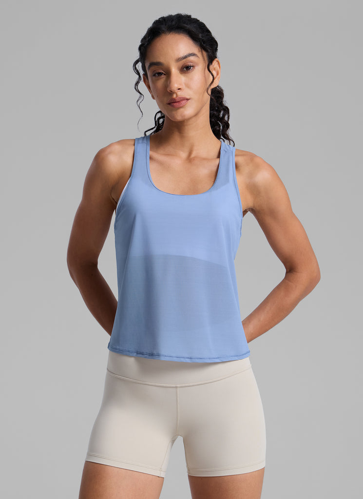 CRZ YOGA Women's Yoga Mesh Relaxed Fit Tops U Neck Tank White