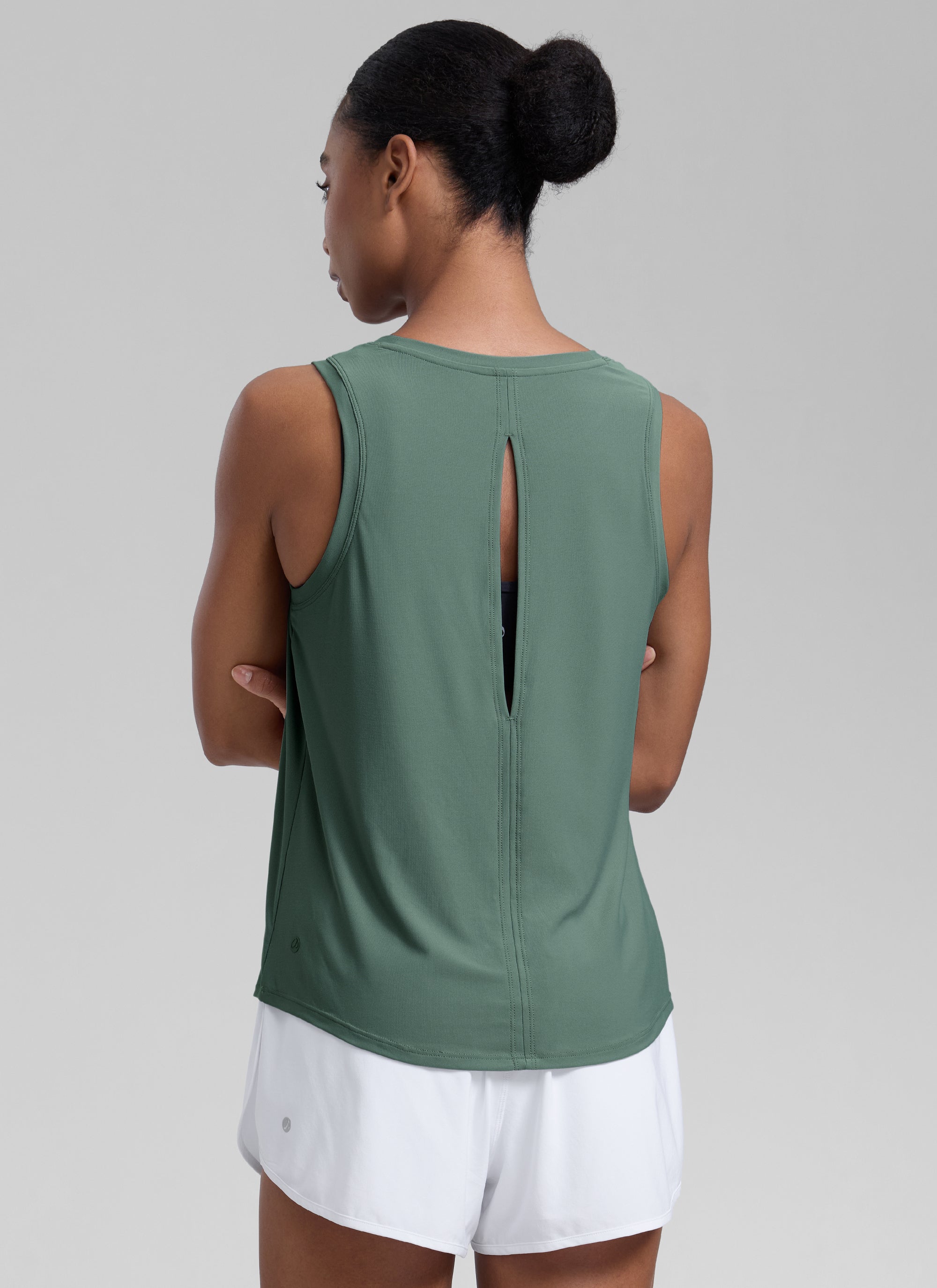 CRZ YOGA Women High Neck Cloudweight Open Back Lightweight Athletic Tank Graphite Green