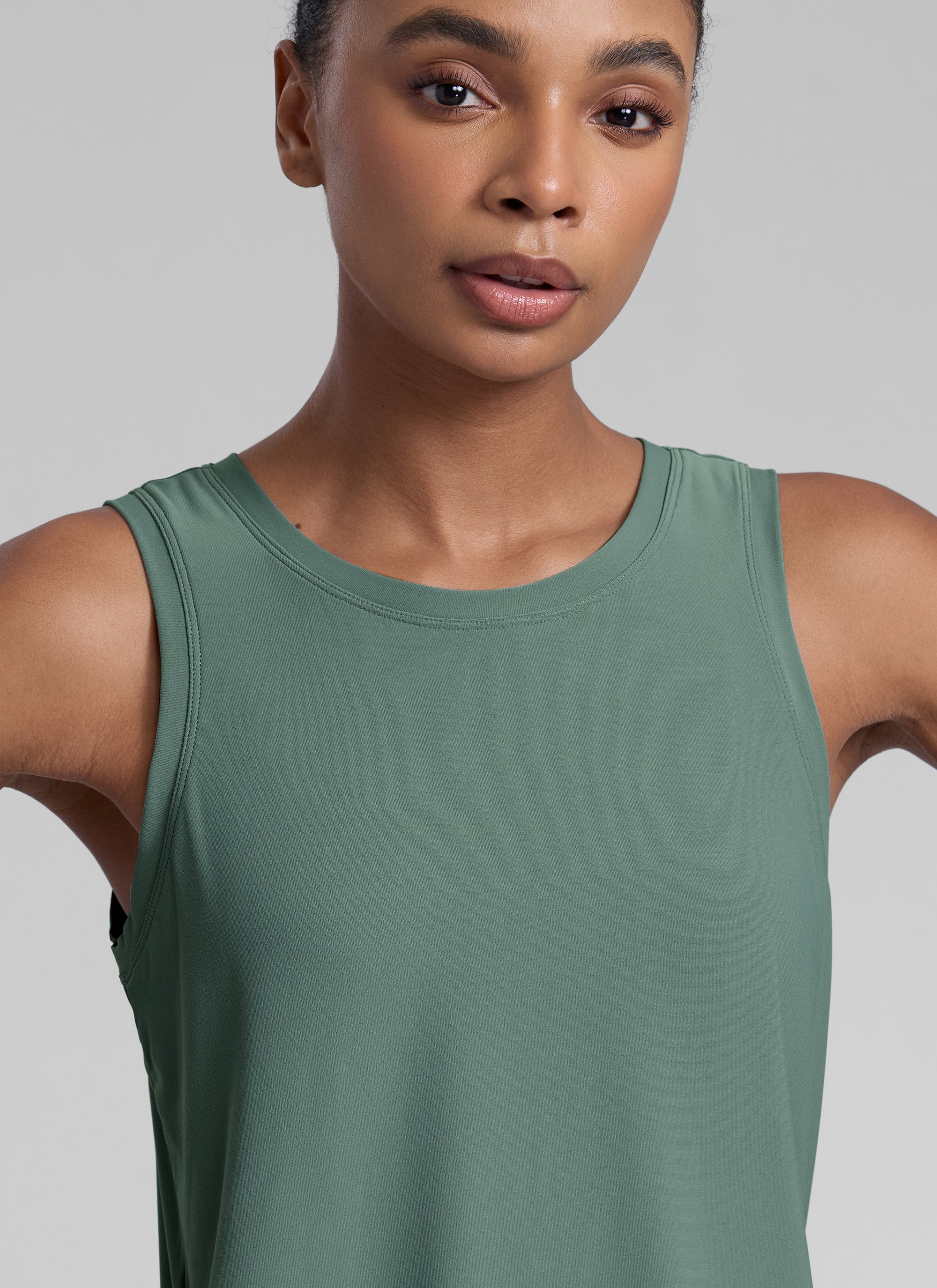 CRZ YOGA Women High Neck Cloudweight Open Back Lightweight Athletic Tank Graphite Green