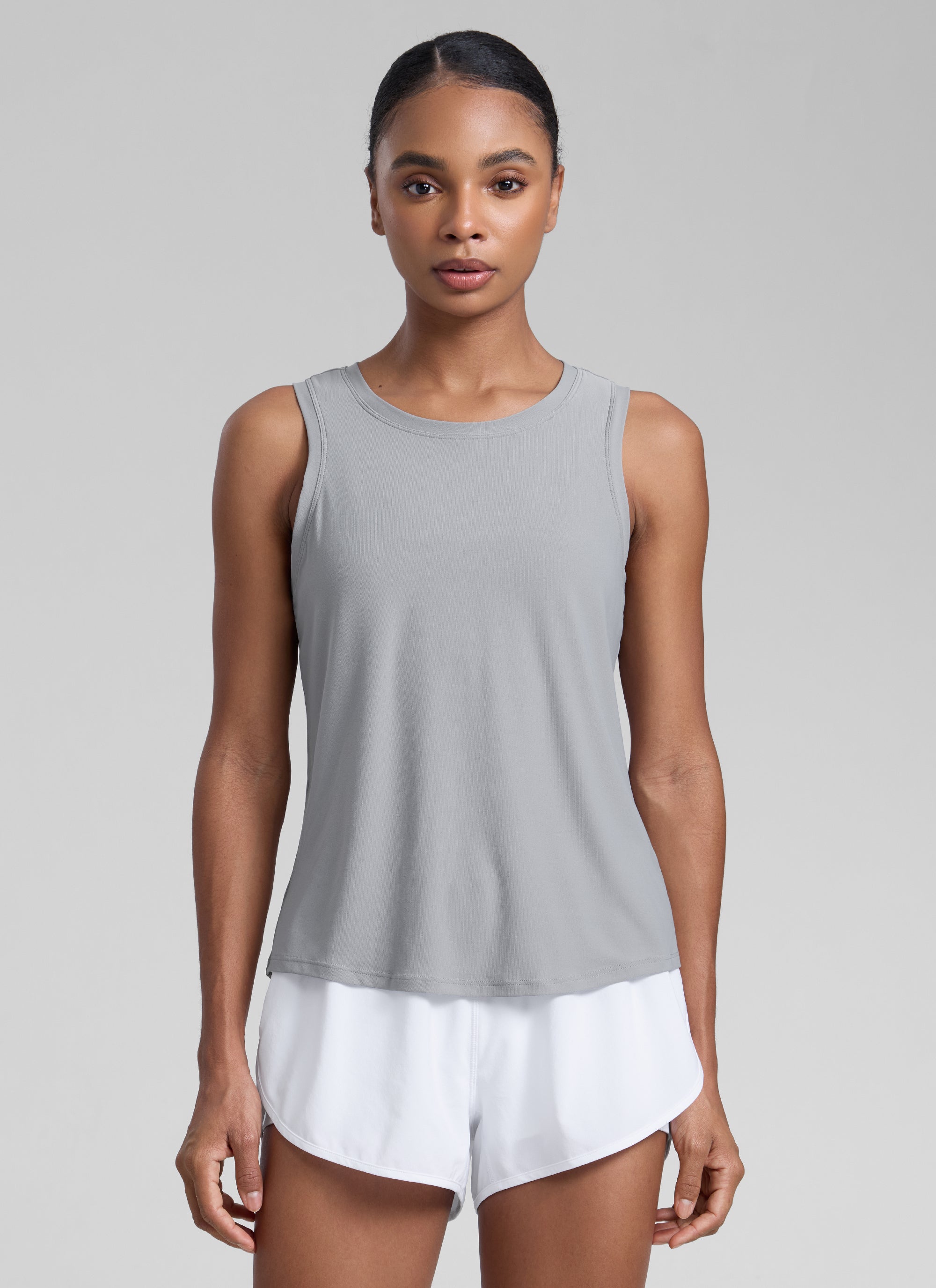 CRZ YOGA Women High Neck Cloudweight Open Back Lightweight Athletic Tank Silver Gray