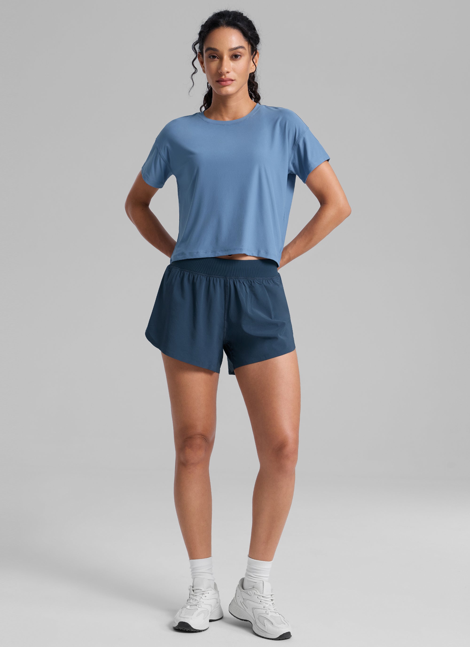 CRZ YOGA Women Cloudweight High Crew Neck Lightweight Loose Short Sleeve Washed Denim