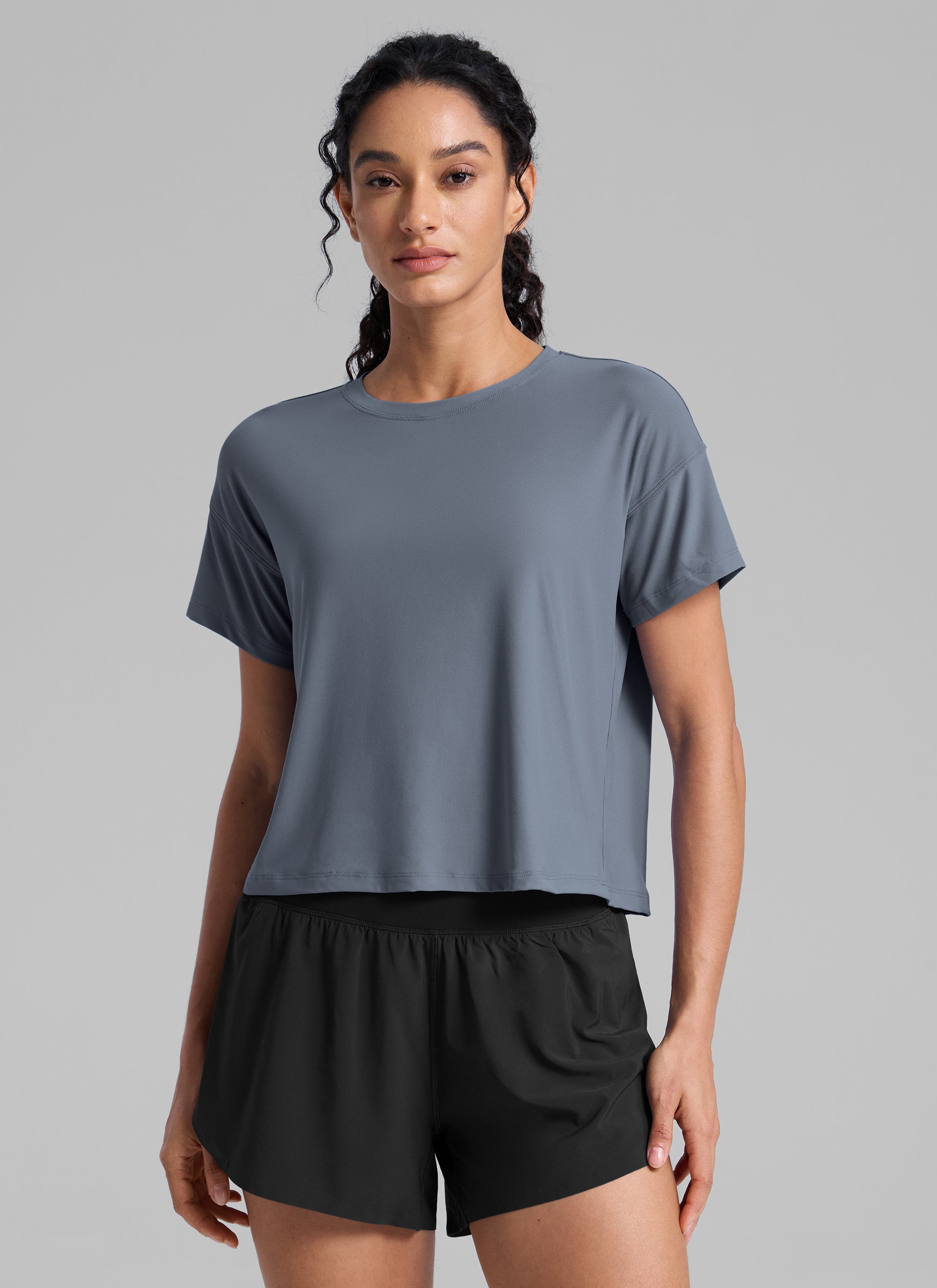 CRZ YOGA Women Cloudweight High Crew Neck Lightweight Loose Short Sleeve Solar Grey