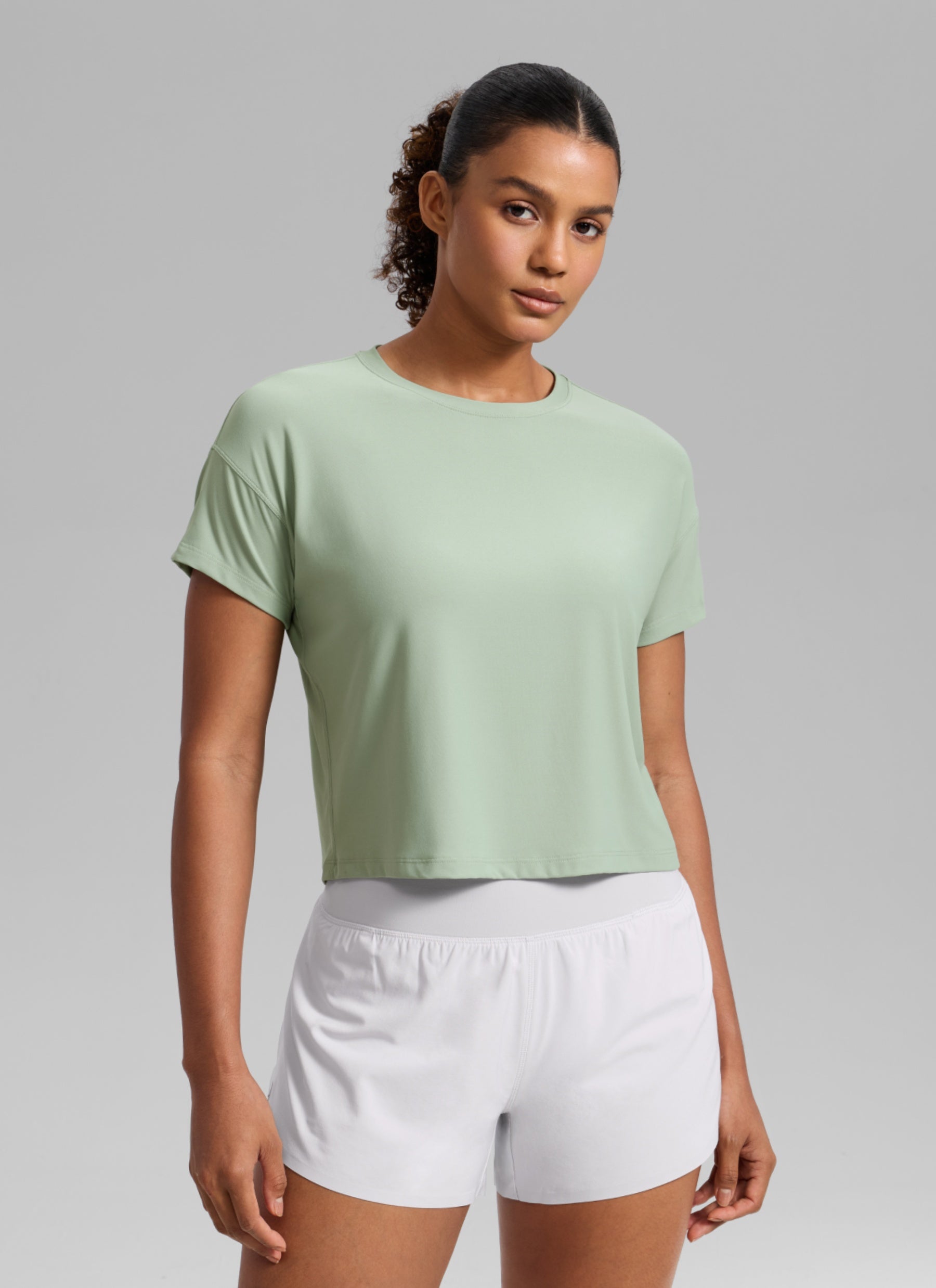 CRZ YOGA Women Cloudweight High Crew Neck Lightweight Loose Short Sleeve Green Palm Court