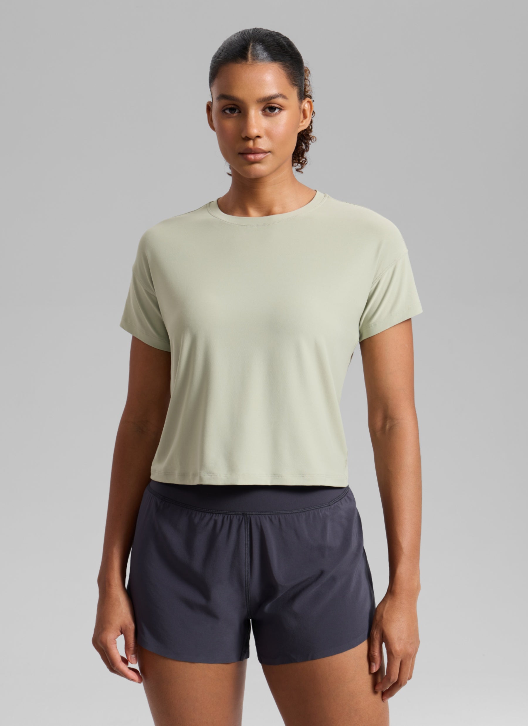 CRZ YOGA Women Cloudweight High Crew Neck Lightweight Loose Short Sleeve Fog Green