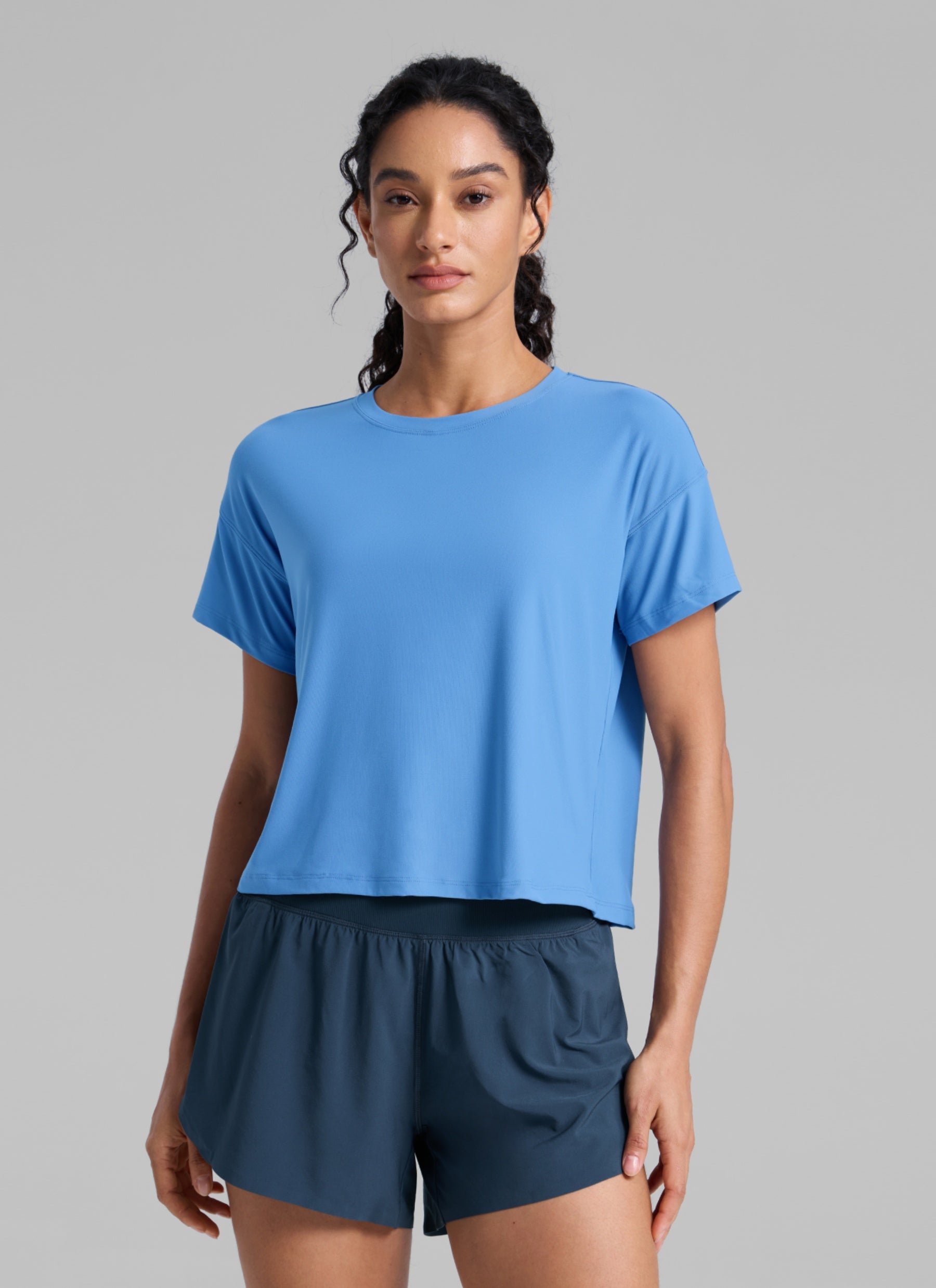 CRZ YOGA Women Cloudweight High Crew Neck Lightweight Loose Short Sleeve Party Blue
