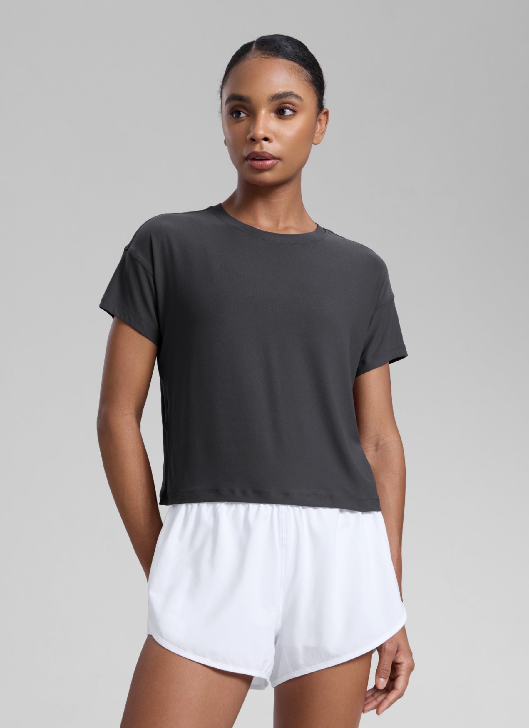 CRZ YOGA Women Cloudweight High Crew Neck Lightweight Loose Short Sleeve Mysterious Grey