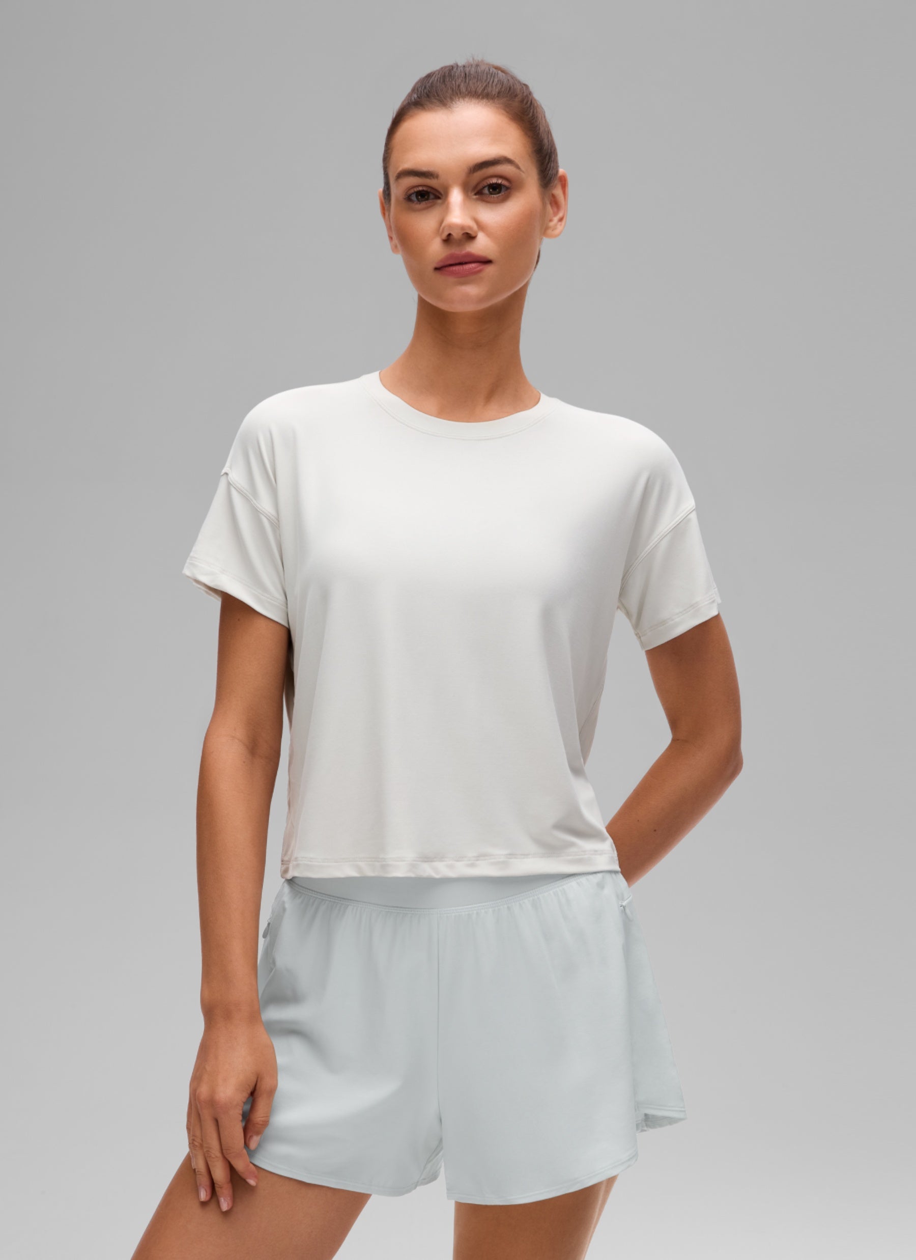 CRZ YOGA Women Cloudweight High Crew Neck Lightweight Loose Short Sleeve Milky White