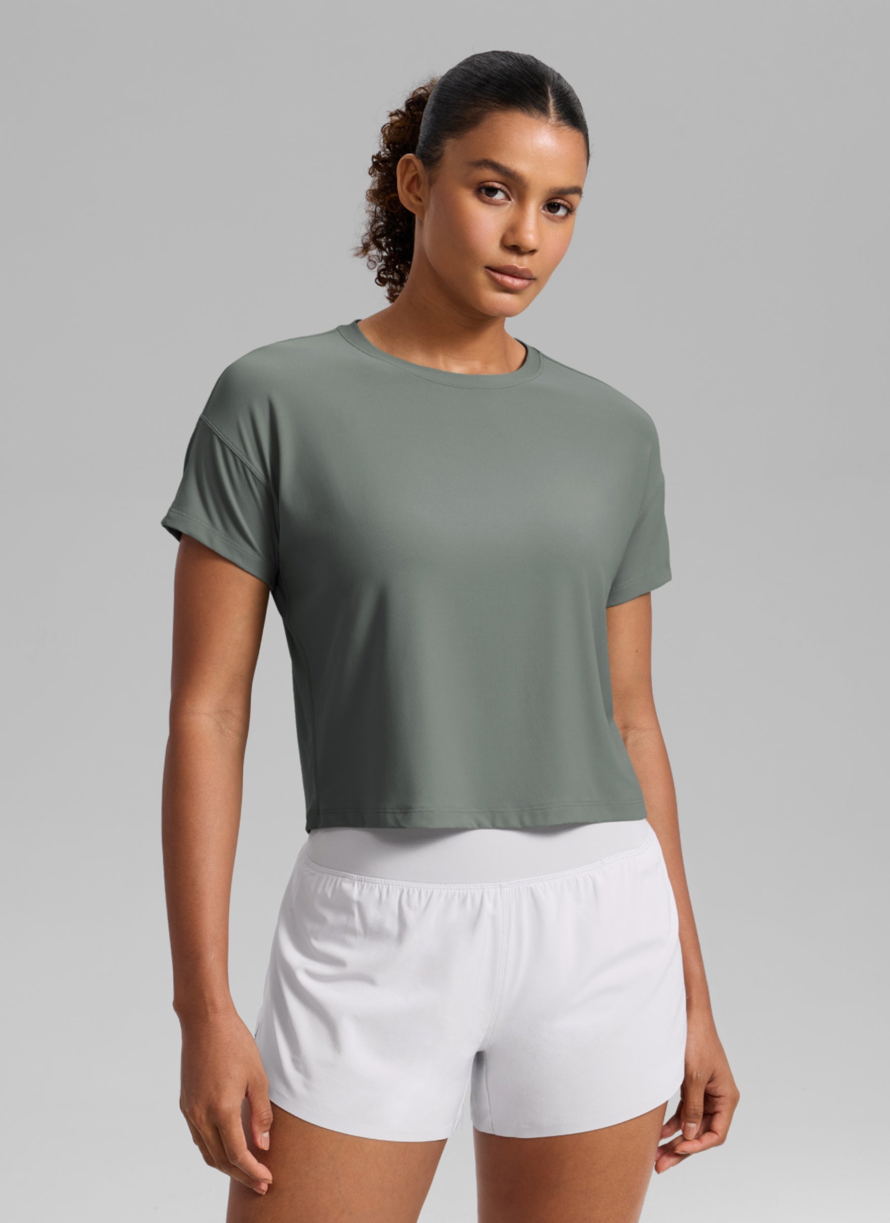CRZ YOGA Women Cloudweight High Crew Neck Lightweight Loose Short Sleeve Grey Sage