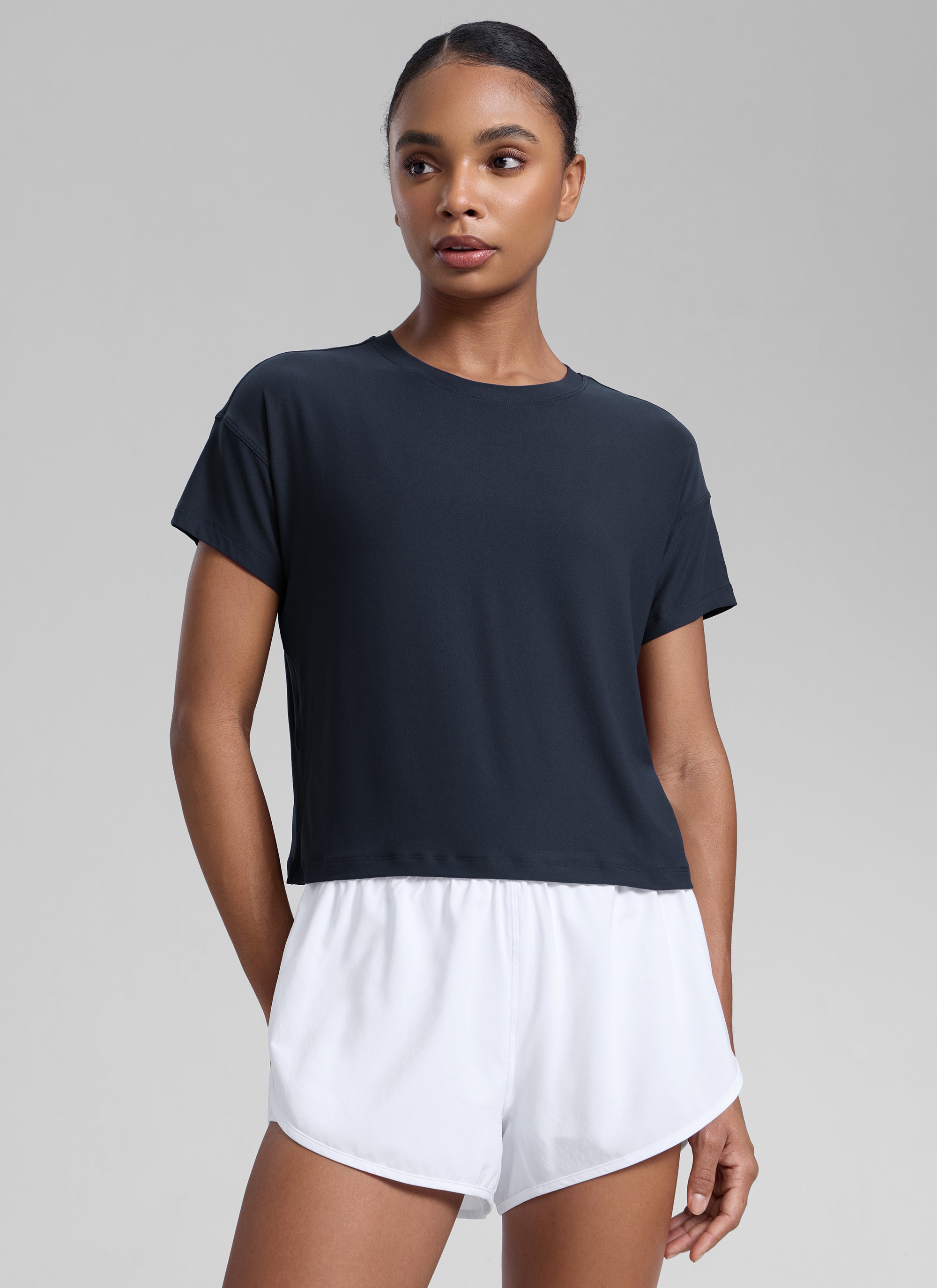 CRZ YOGA Women Cloudweight High Crew Neck Lightweight Loose Short Sleeve True Navy