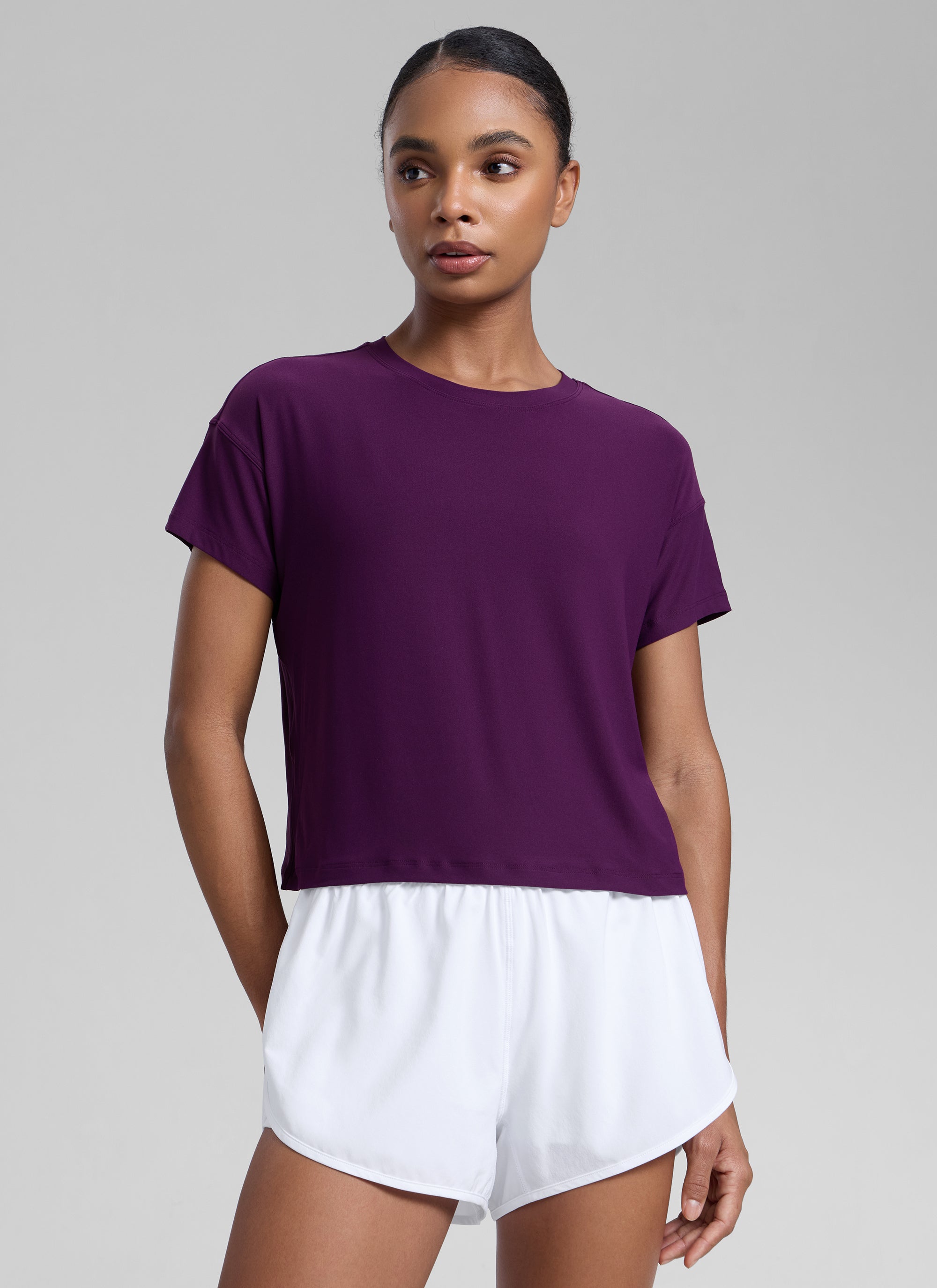 CRZ YOGA Women Cloudweight High Crew Neck Lightweight Loose Short Sleeve Plum Magenta