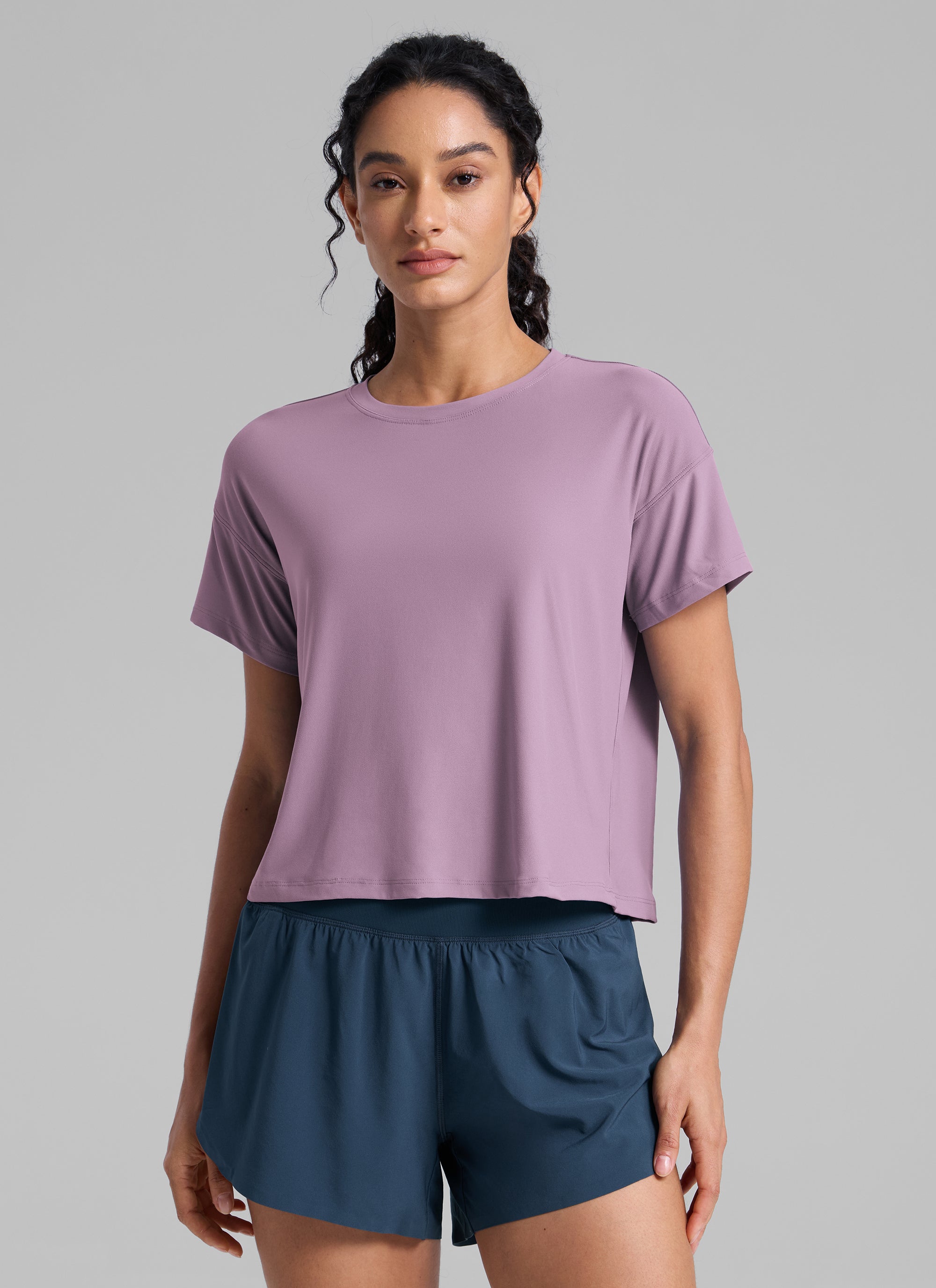 CRZ YOGA Women Cloudweight High Crew Neck Lightweight Loose Short Sleeve Light Lavender