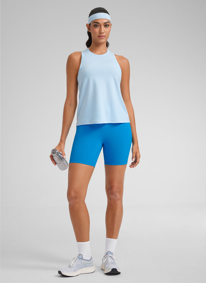 CRZYOGA Women's Pima Cotton High Neck Workout Tank Racerback Blue Linen