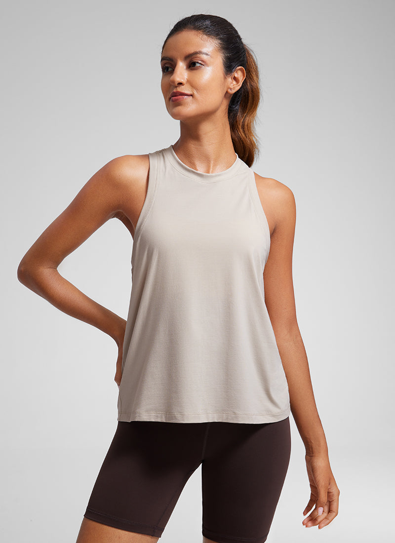 CRZYOGA Women's Pima Cotton High Neck Workout Tank Racerback Mojave Tan