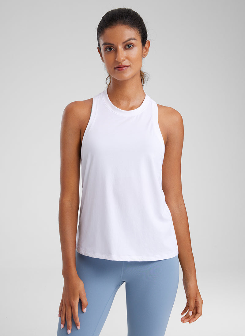 CRZYOGA Women's Pima Cotton High Neck Workout Tank Racerback White