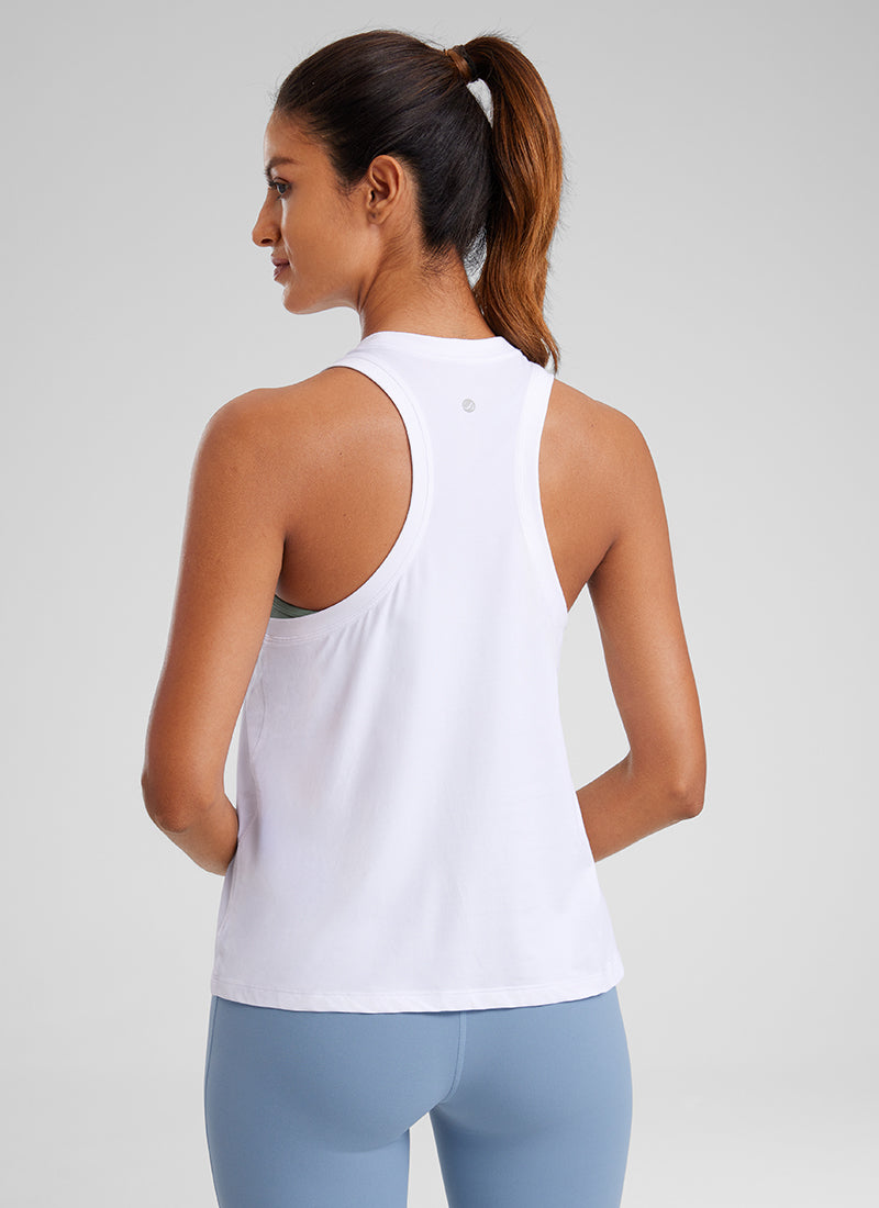 CRZYOGA Women's Pima Cotton High Neck Workout Tank Racerback White