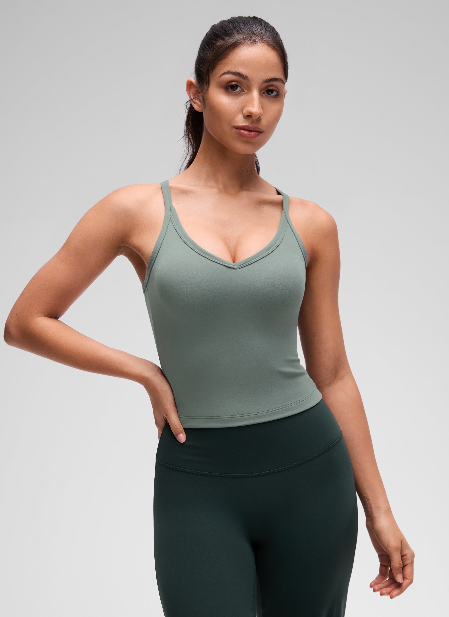 CRZ YOGA Women's Butterluxe Soft Double Lined V Neck Racerback Tanks Grey Sage @model_info:Maysa