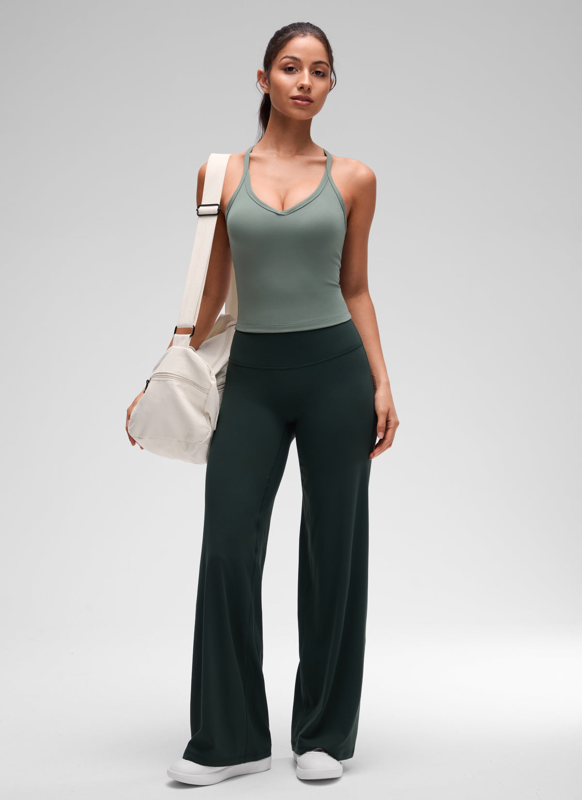 CRZ YOGA Women's Butterluxe Soft Double Lined V Neck Racerback Tanks Grey Sage @model_info:Maysa