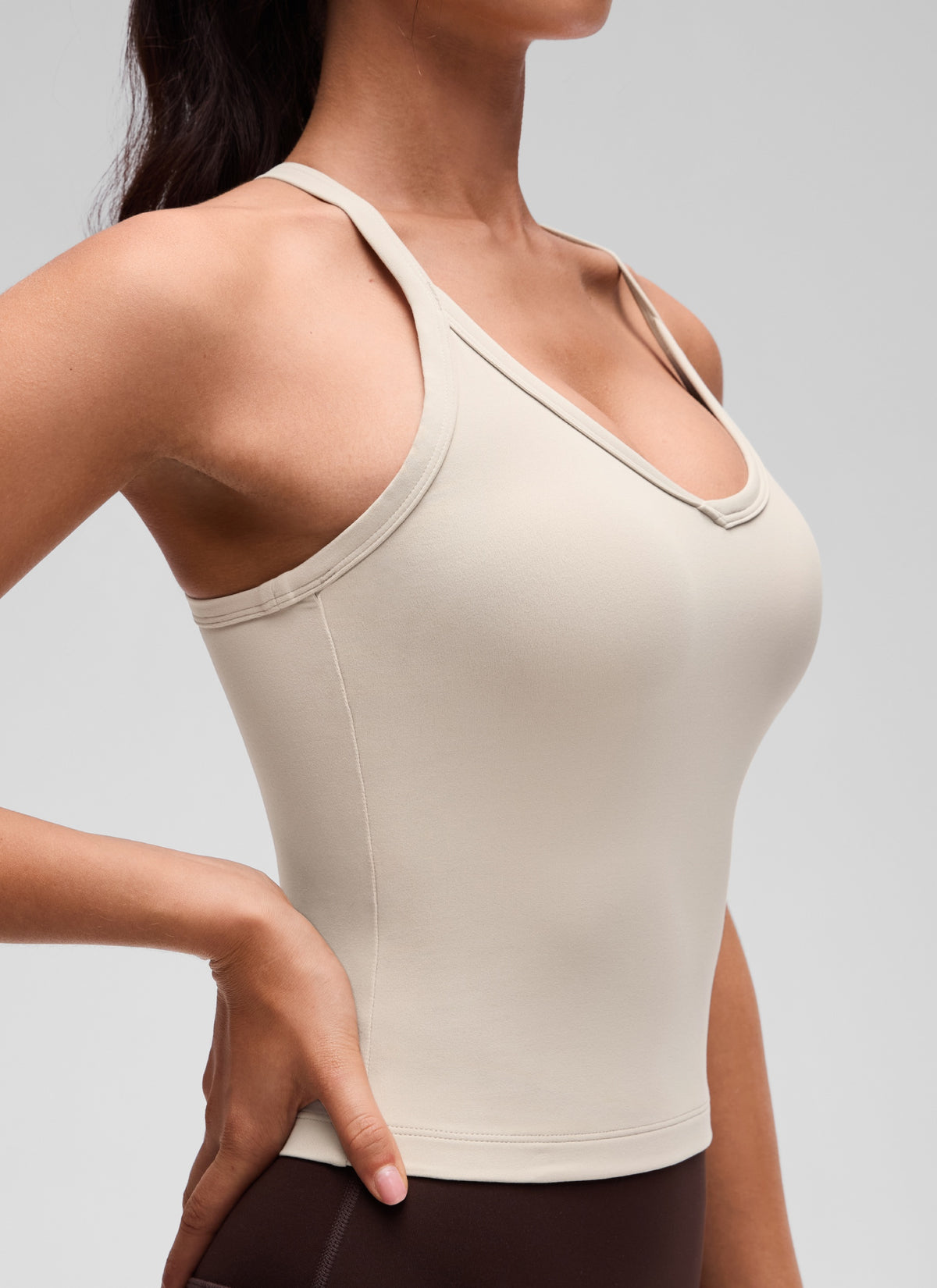 CRZ YOGA Women's Butterluxe Soft Double Lined V Neck Racerback Tanks Mojave Tan @model_info:Maysa