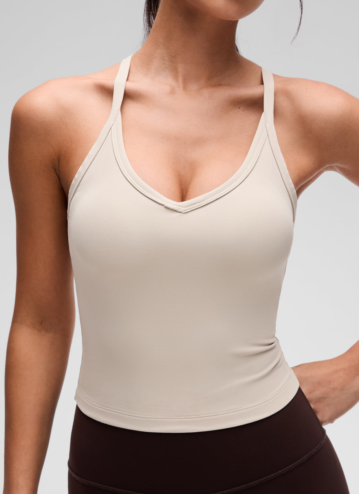 CRZ YOGA Women's Butterluxe Soft Double Lined V Neck Racerback Tanks Mojave Tan @model_info:Maysa