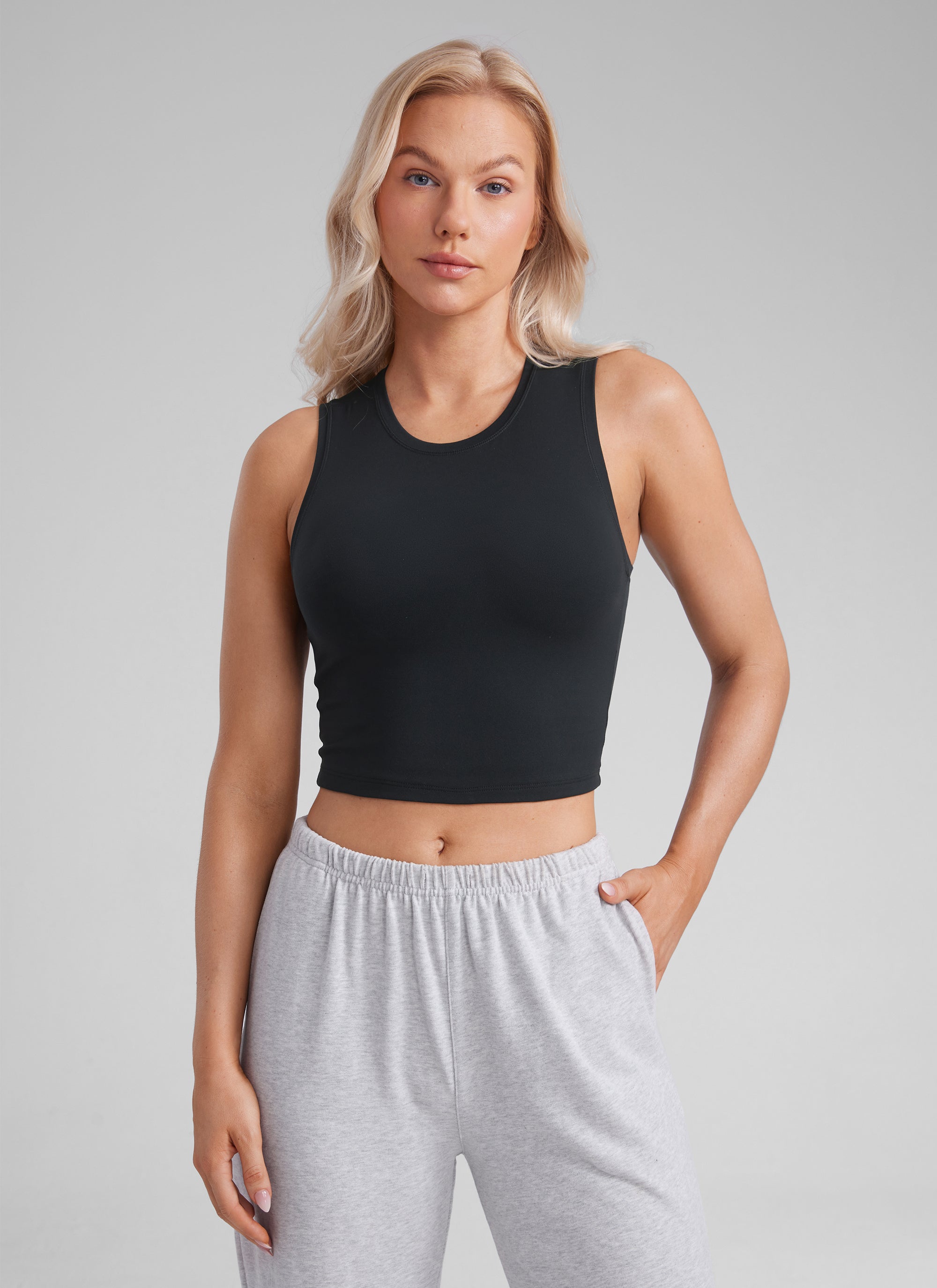 CRZ YOGA Women Crop Casual Double Lined High Neck Sleeveless Tanks Black