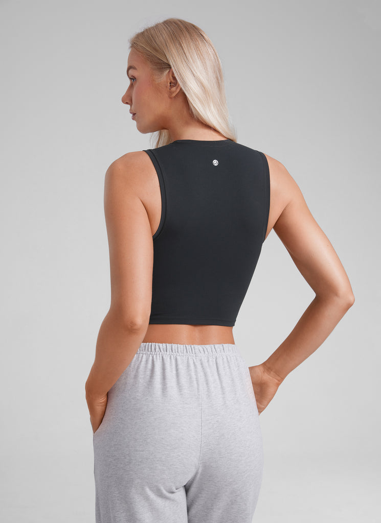 CRZ YOGA Women Crop Casual Double Lined High Neck Sleeveless Tanks Black