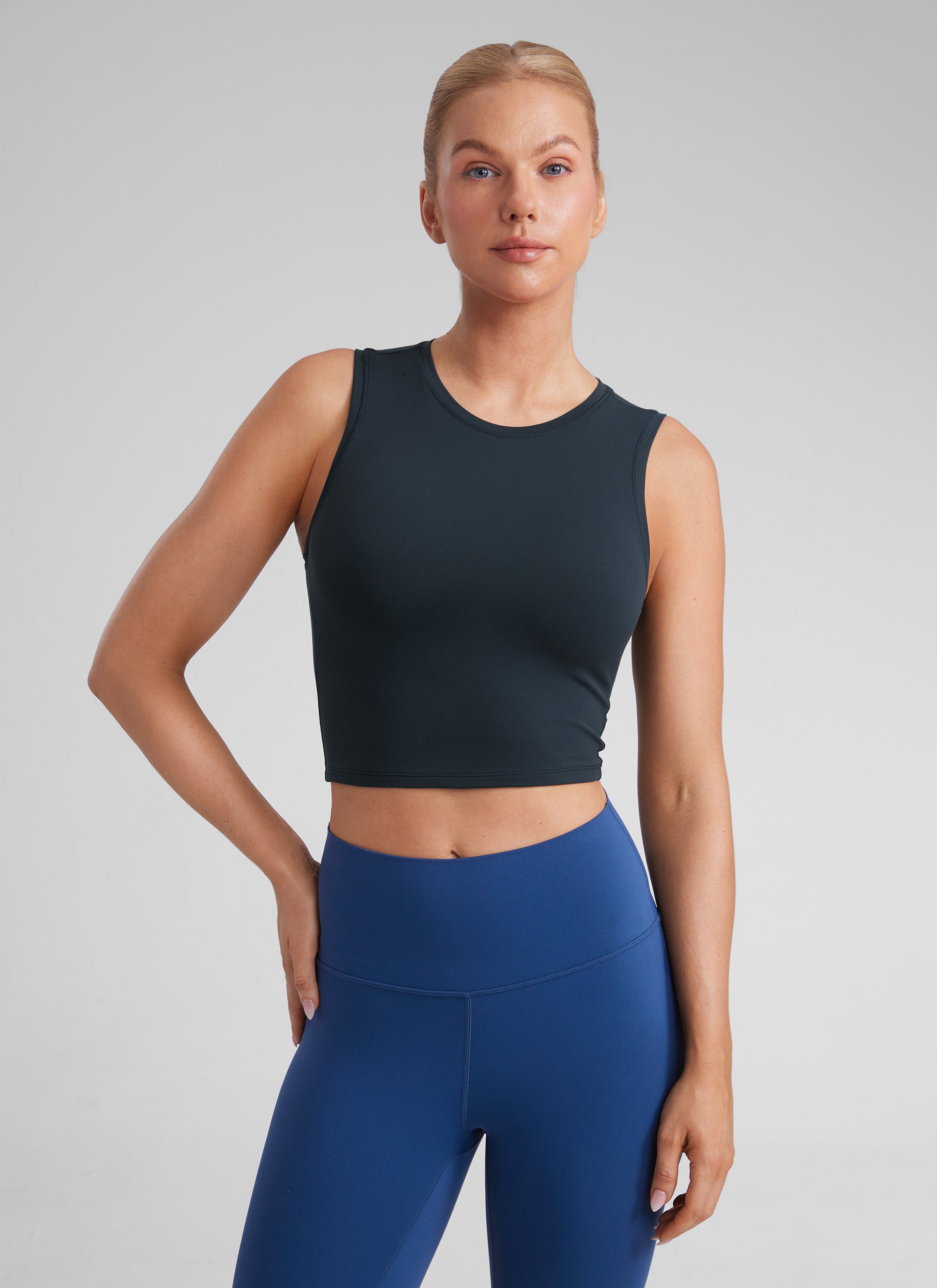 CRZ YOGA Women Crop Casual Double Lined High Neck Sleeveless Tanks True Navy