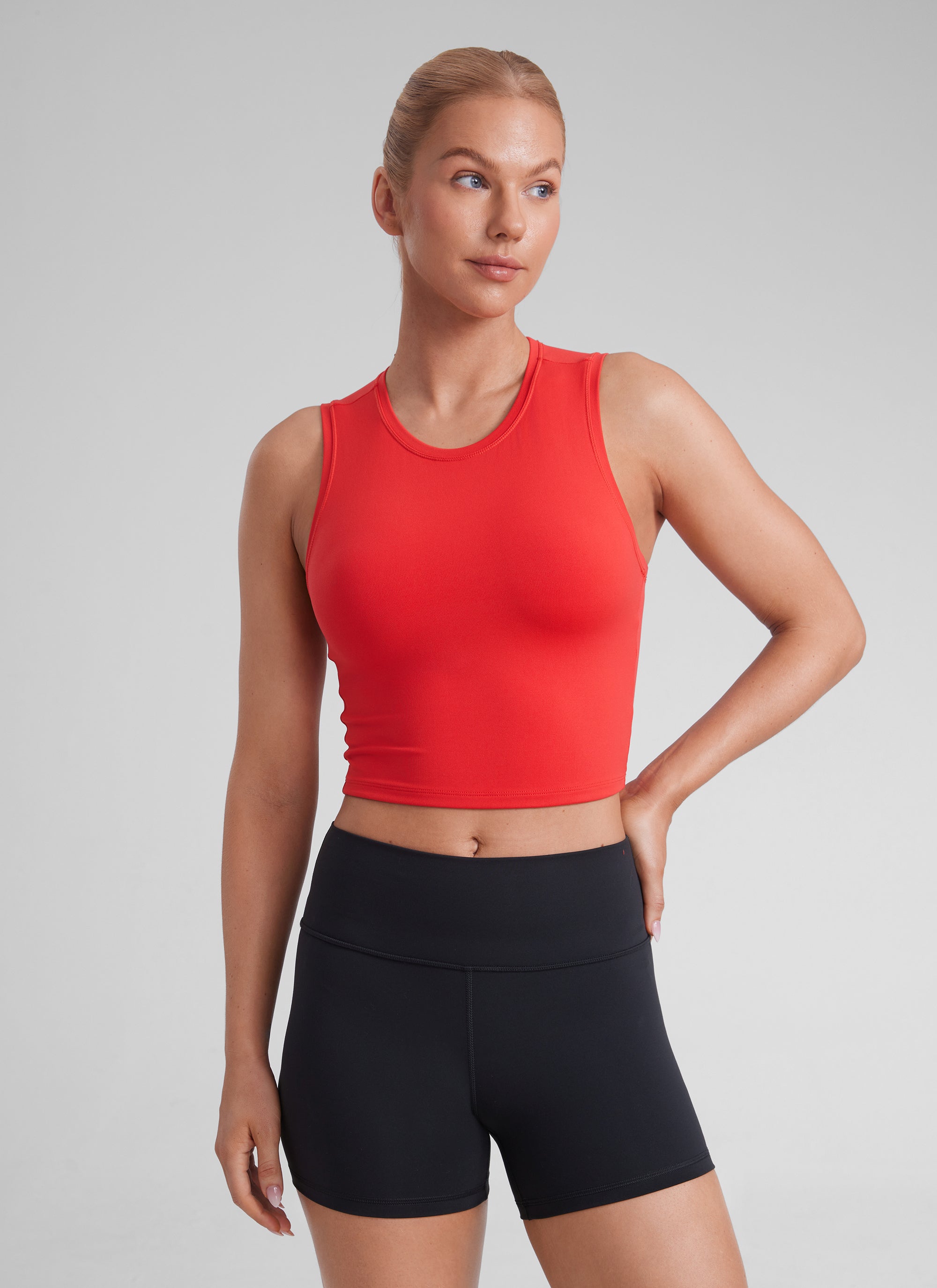 CRZ YOGA Women Crop Casual Double Lined High Neck Sleeveless Tanks Deep Red
