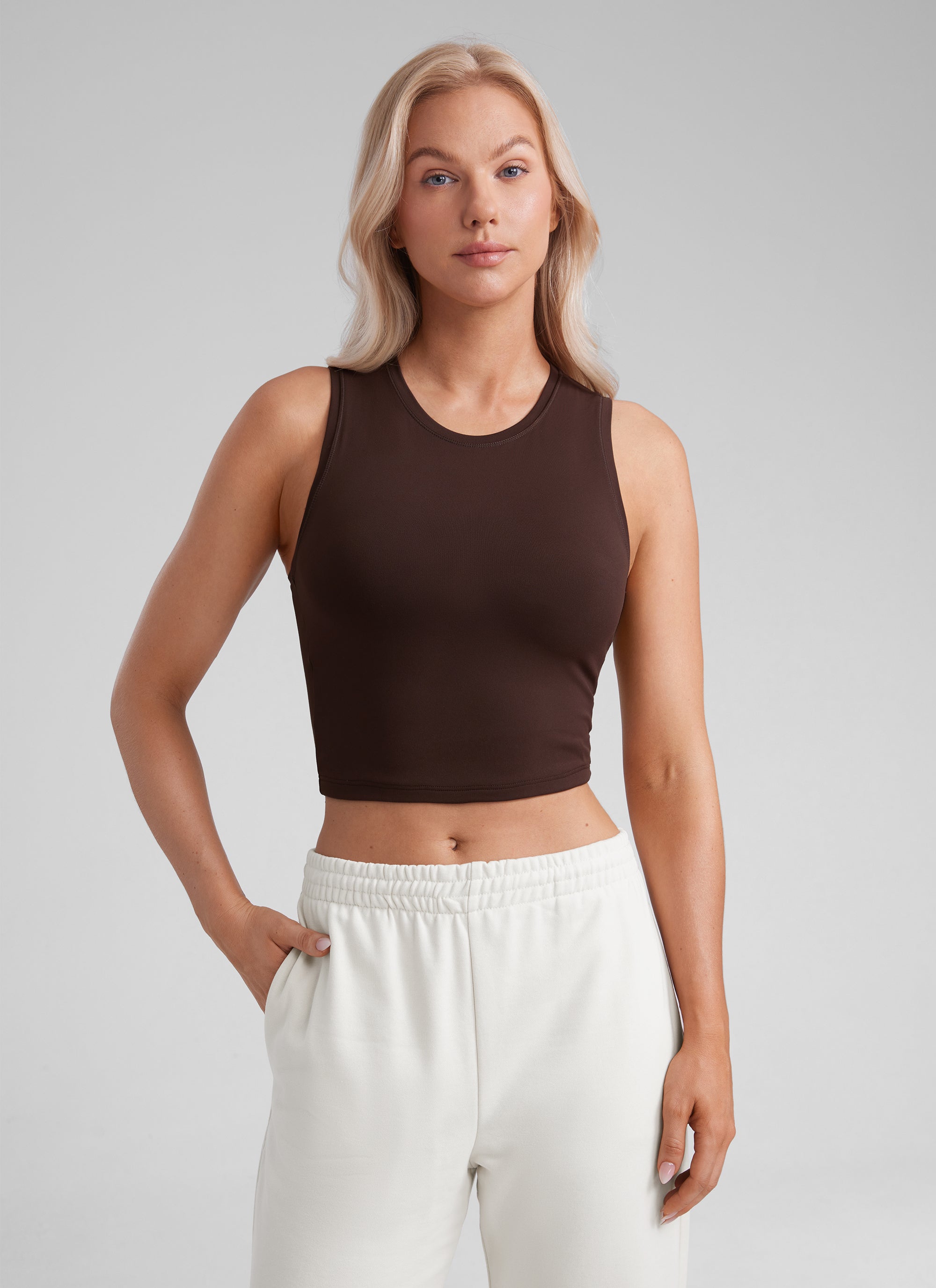 CRZ YOGA Women Crop Casual Double Lined High Neck Sleeveless Tanks Hot Fudge Brown
