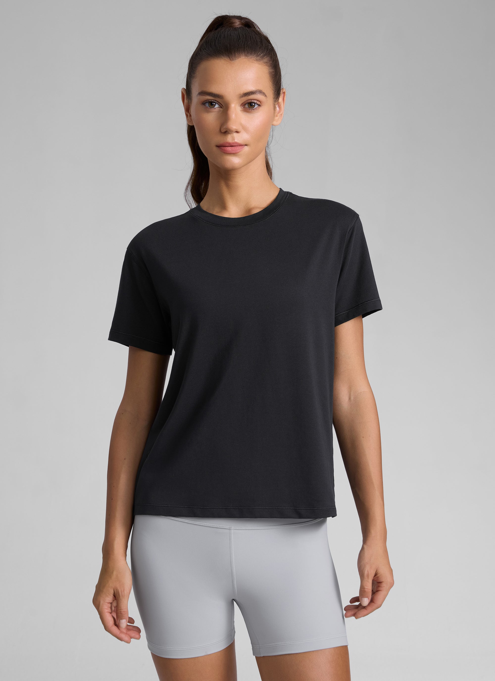 CRZ YOGA Women's Workout Casual Poly Cotton-Blend Short Sleeve Black