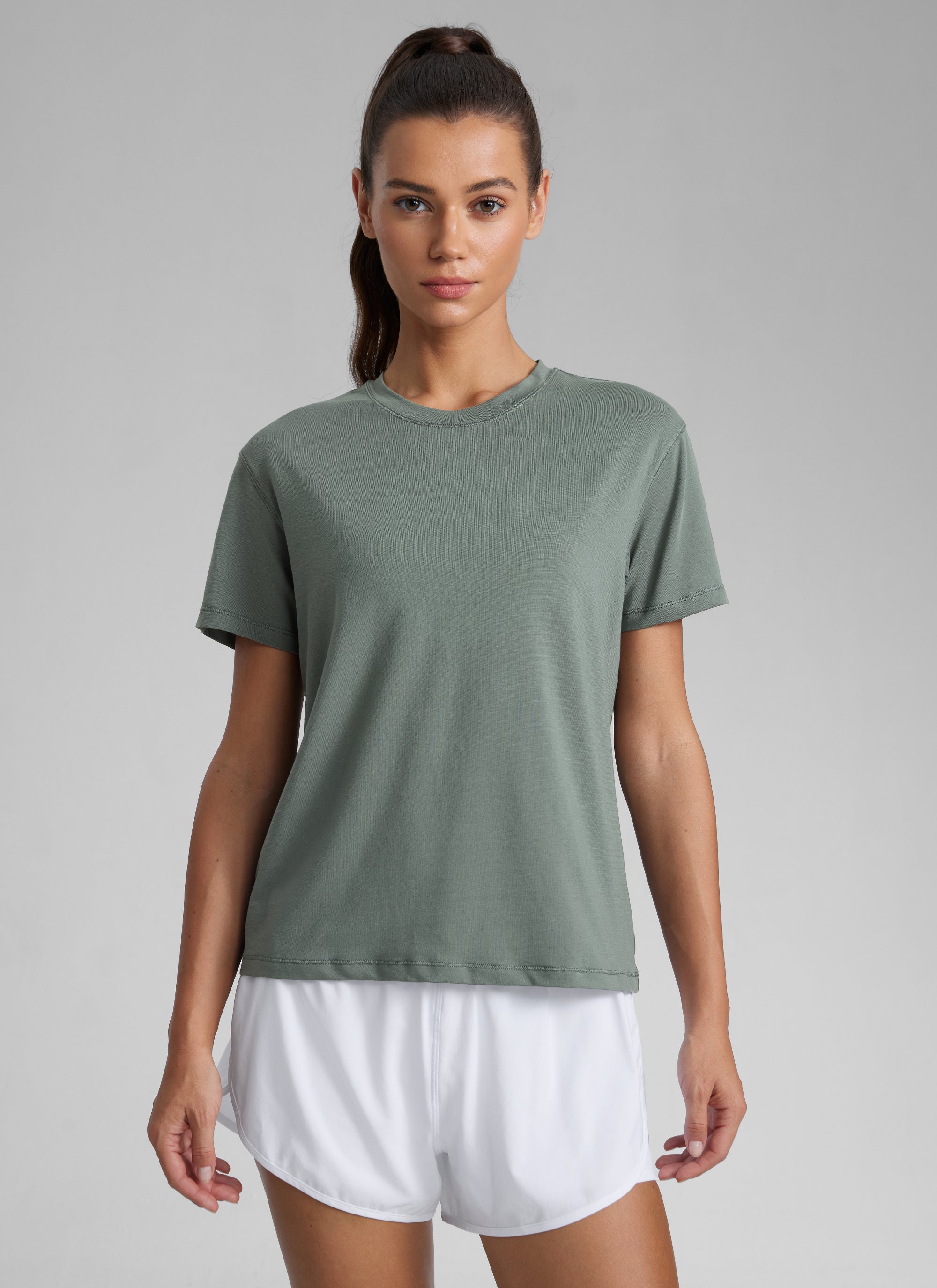 CRZ YOGA Women's Workout Casual Poly Cotton-Blend Short Sleeve Grey Sage