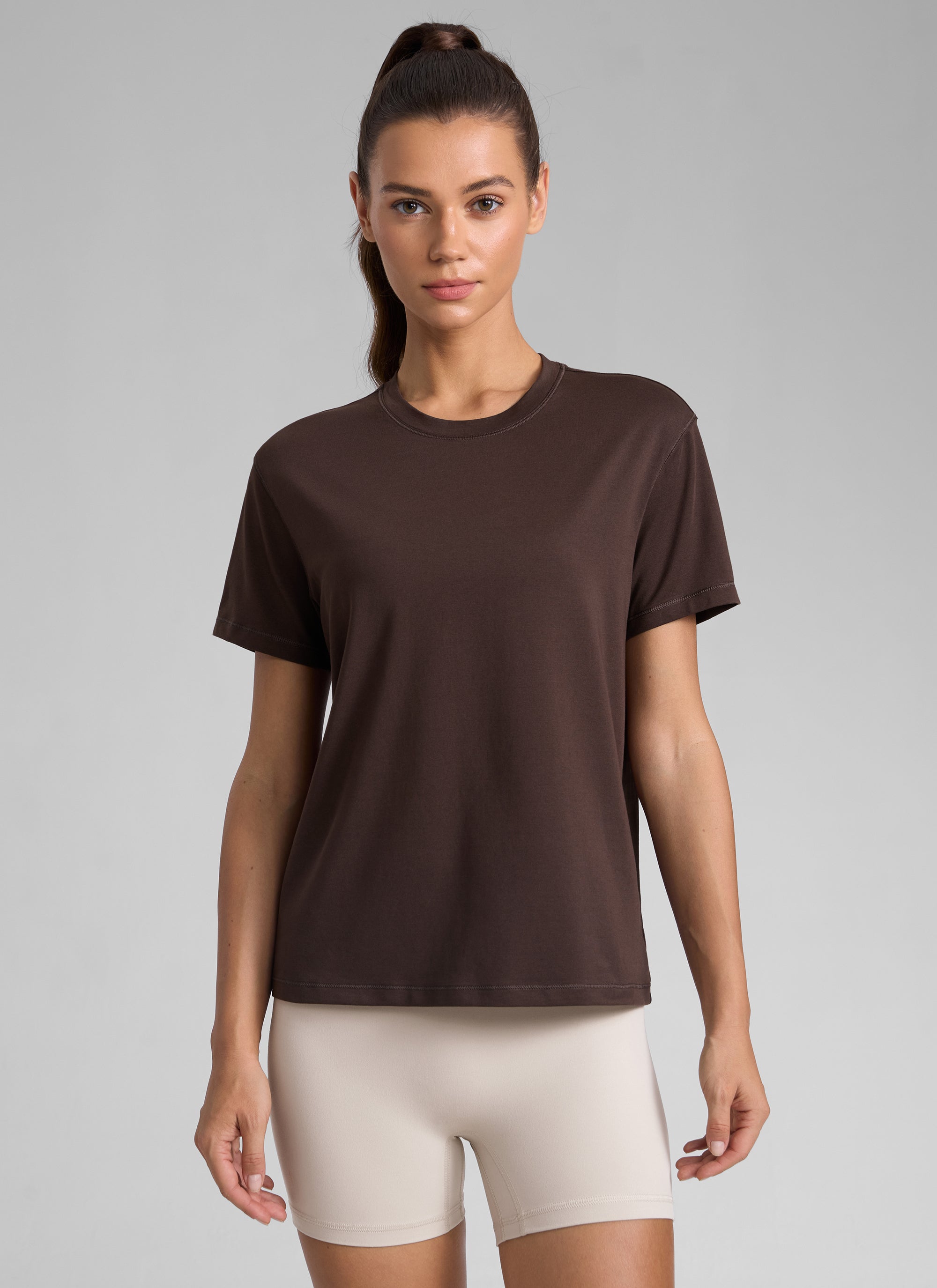 CRZ YOGA Women's Workout Casual Poly Cotton-Blend Short Sleeve Hot Fudge Brown