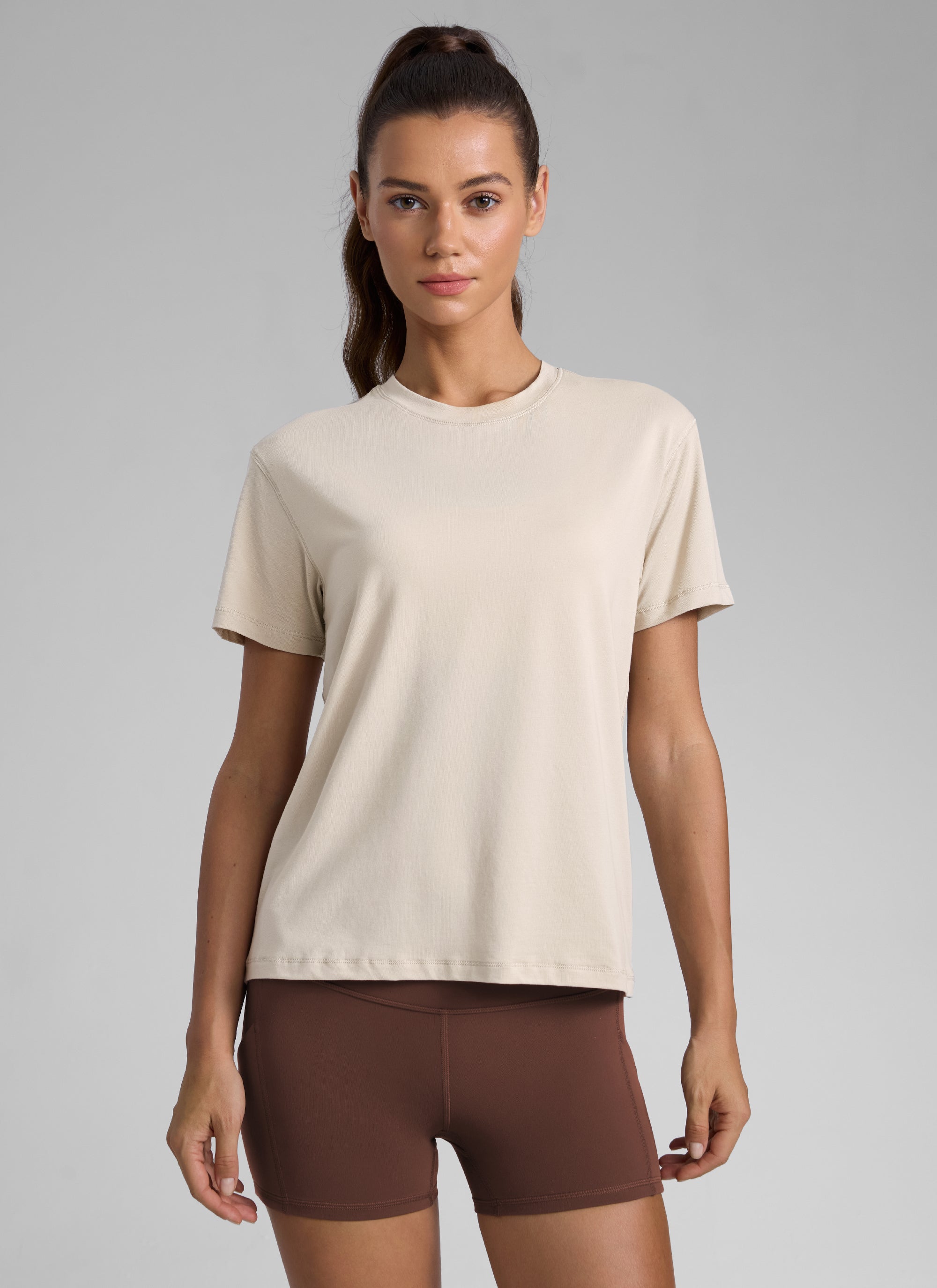 CRZ YOGA Women's Workout Casual Poly Cotton-Blend Short Sleeve Mojave Tan