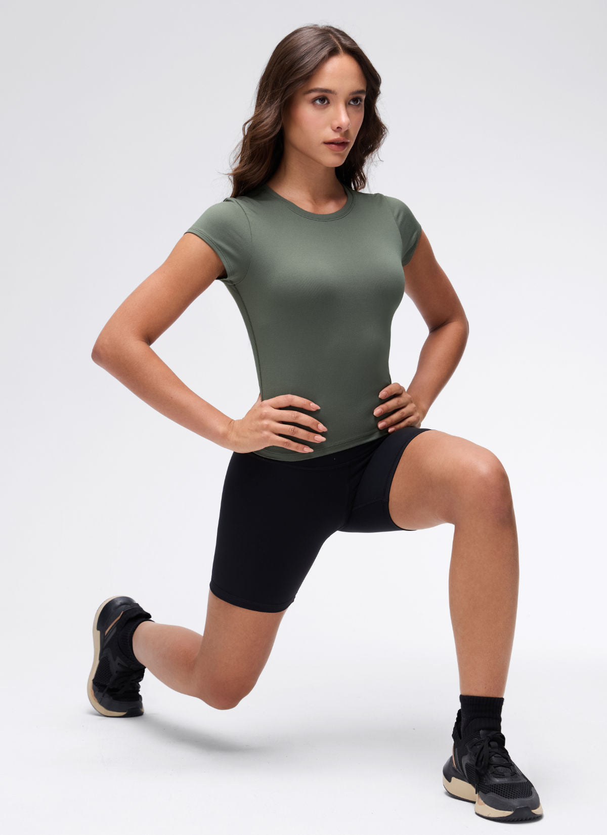 CRZ YOGA Women's Cloud Jersey Casual Scoop Neck Waist Length Short Sleeve Grey Sage