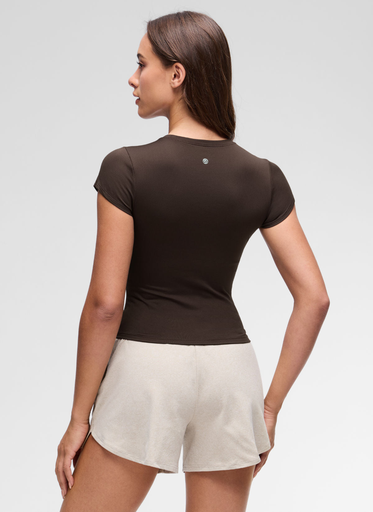 CRZ YOGA Women's Cloud Jersey Casual Scoop Neck Waist Length Short Sleeve Hot Fudge Brown