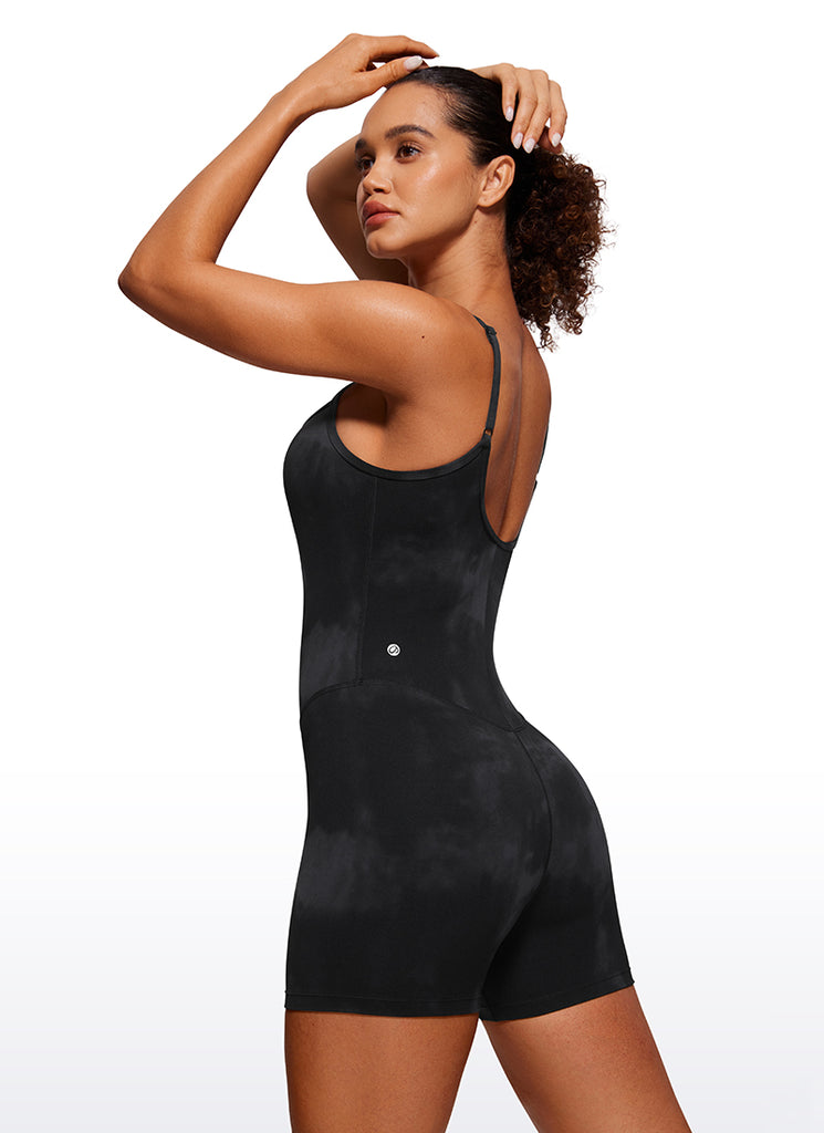 CRZ YOGA Women's Yoga Tight Fit Romper Shorts Bodysuit Jumpsuits Black Tie Dye Flowers