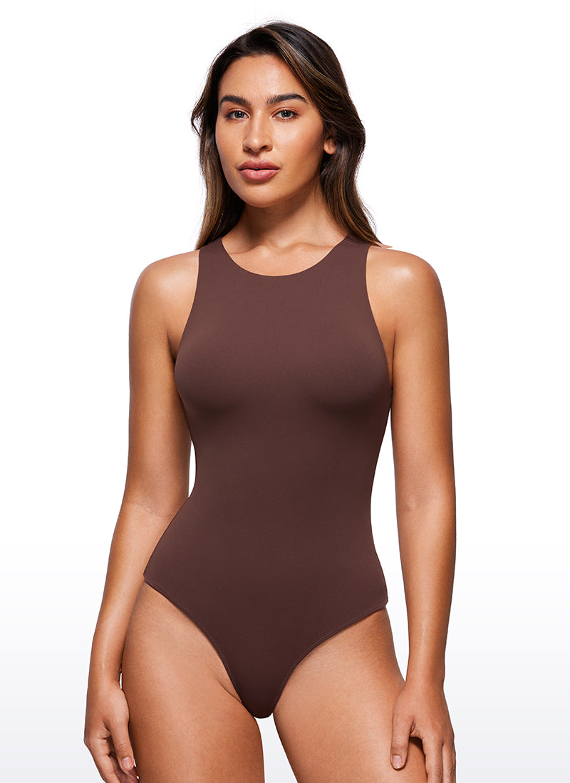 CRZ YOGA Women's Yoga Tight Fit High Neck Racerback Bodysuits Taupe @model_info:Joy