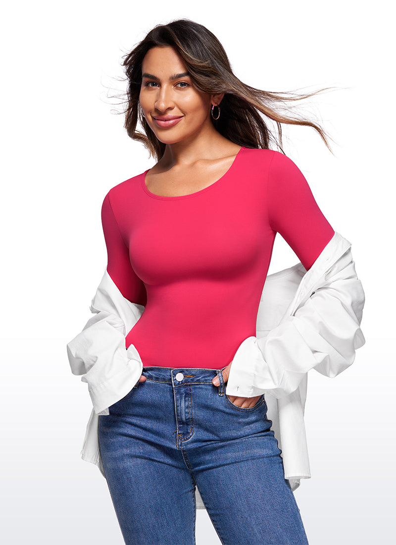 CRZ YOGA Women's Yoga Tight Fit Crew Neck Long Sleeves Bodysuits Viva Magenta @model_info:Joy