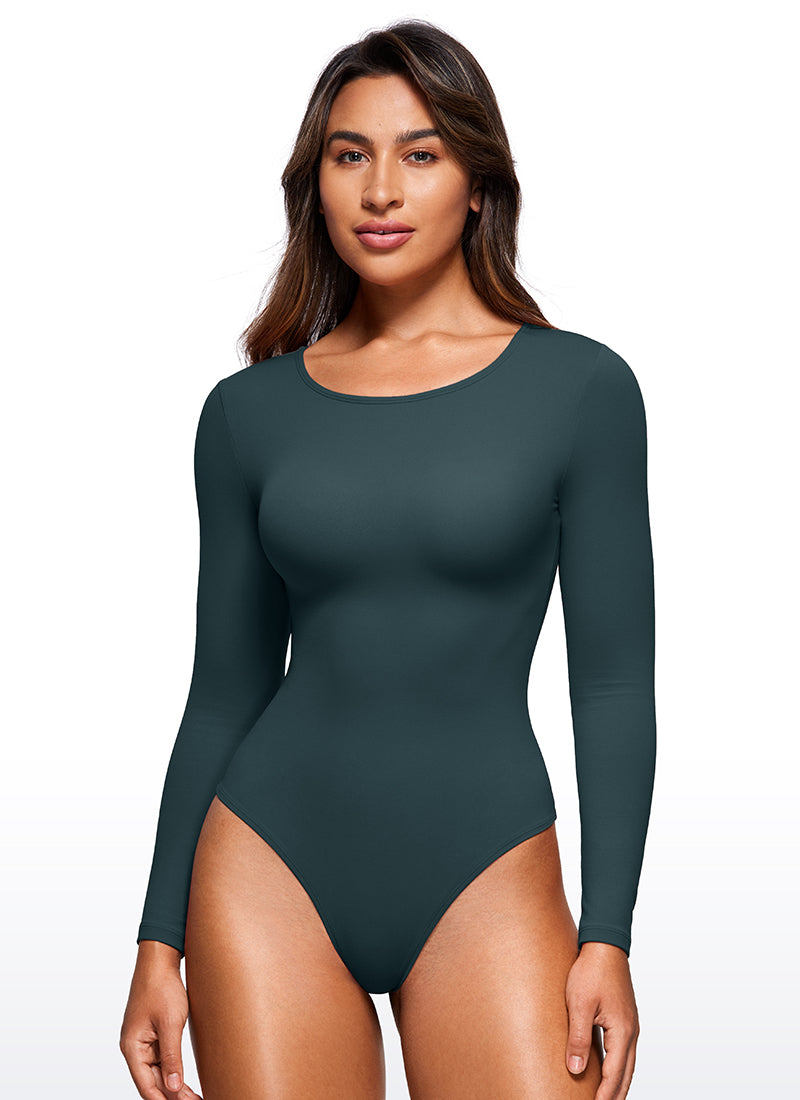 CRZ YOGA Women's Yoga Tight Fit Crew Neck Long Sleeves Bodysuits Forest Dark Green @model_info:Joy